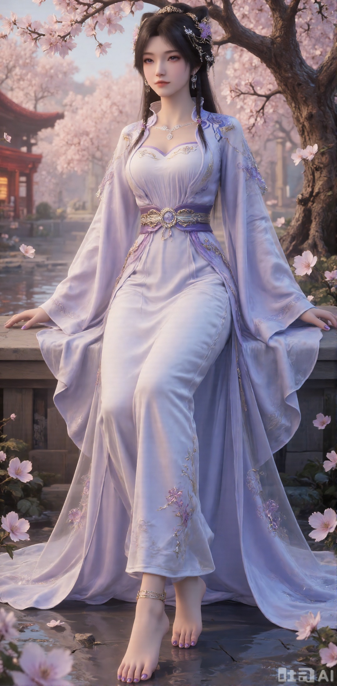 This text centers around a woman, creating a picture that combines classic elegance with agility, rich in details and layered:

- **Clothing details**: The core is a traditional Chinese-style dress in pink and white, with an elegant style. The upper body is made of pink fabric with exquisite embroidery, highlighting its magnificence; the off-the-shoulder design showcases the beauty of the shoulder line, and the golden waistband with inlaid large gemstones enhances the sense of nobility. The lower body's white skirt is decorated with pink embroidery, and the loose hem adds a flowing feel; the pink shawl enriches the overall layering.

- **Character state and environment**: The girl once danced alone, with her long hair fluttering in the wind; later, she sat on a cherry blossom tree, with a ponytail, looking at the audience, her posture changing from dynamic to static. The red light of the setting sun shines on her, creating a warm and slightly atmospheric scene.

- **Accessories and details**: In addition to the clothing, there are also black hair (in contrast to the previous long hair), hair accessories, necklaces, bracelets and other decorations. Her feet are bare and her toes are painted with purple nail polish. The detailed depiction makes the character image more distinct. The overall style tends to be realistic, and through the combination of clothing, movements and environment, it shapes an image of a girl with both classical beauty and agile temperament.