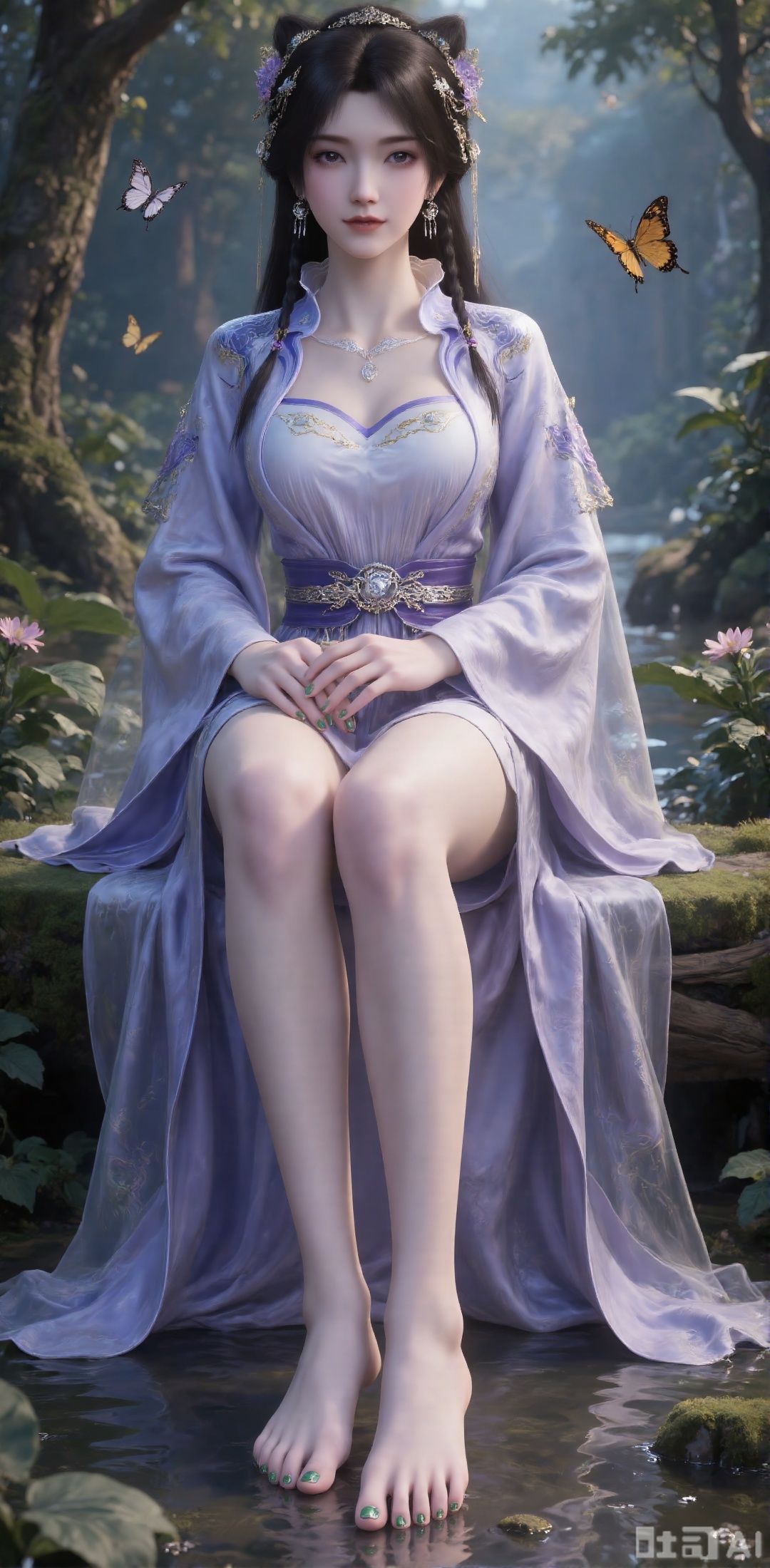The image is a digital illustration of a young woman sitting on a mossy log in the forest. She was wearing a purple dress with intricate patterns and patterns, with her legs crossed in front of her. She was barefoot and her toenails were covered with green nail polish. She has long, loose wavy hair, and wears earrings and garlands. The background is tall trees and dense green plants, and a few butterflies are flying around her. The overall atmosphere of this picture is quiet and peaceful.Facial features are extremely clear