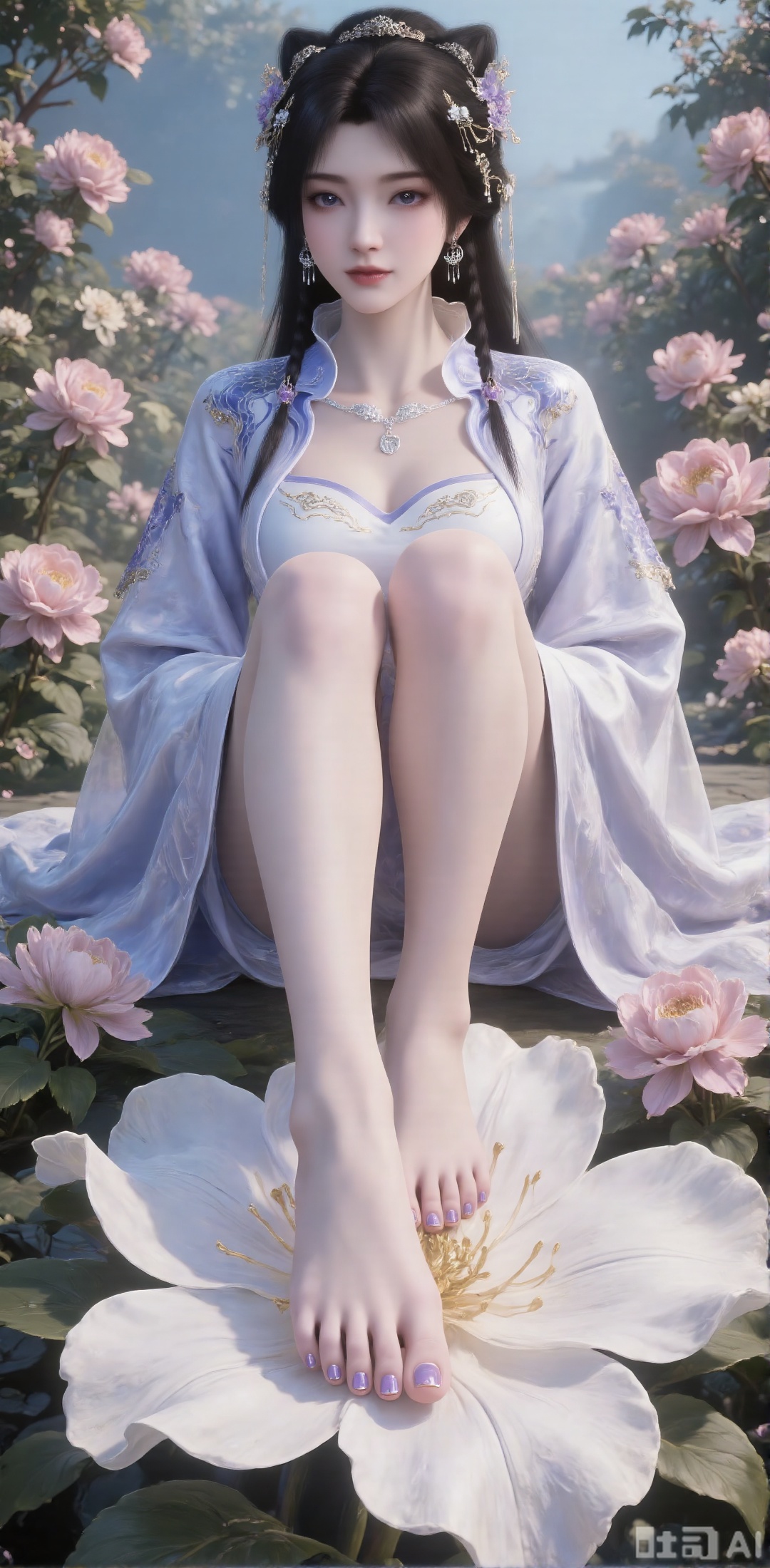 A woman. Her hair draped over her shoulders adds a touch of beauty to her outfit, she sits barefoot on a large white flower, decorated with purple nail polish on her feet and purple nail polish on her toes, and thick pink flowers on the background, creating a rich and textured background. In the middle of the painting, a beautiful Chinese woman stands among pink flowers, making her look like part of a garden full of flowers. Her skin is fair, her black details are delicate, her hair is soft and flowing, and she is carefully combed to complex hair accessories, with gorgeous details. She is in a bright garden with bright flowers, blue sky and deep and rich tones.
