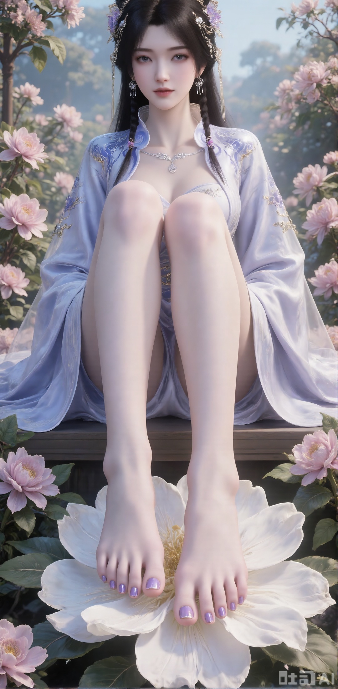 A woman. Her hair draped over her shoulders adds a touch of beauty to her outfit, she sits barefoot on a large white flower, decorated with purple nail polish on her feet and purple nail polish on her toes, and thick pink flowers on the background, creating a rich and textured background. In the middle of the painting, a beautiful Chinese woman stands among pink flowers, making her look like part of a garden full of flowers. Her skin is fair, her black details are delicate, her hair is soft and flowing, and she is carefully combed to complex hair accessories, with gorgeous details. She is in a bright garden with bright flowers, blue sky and deep and rich tones.
