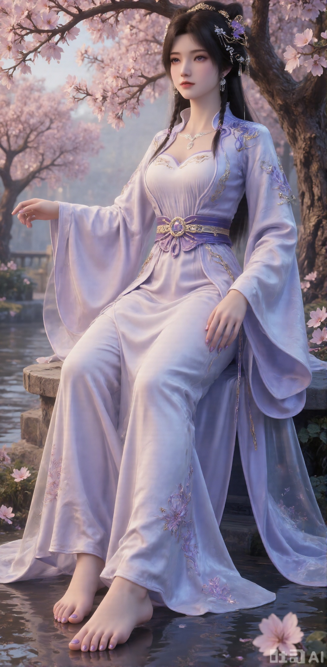 This text centers around a woman, creating a picture that combines classic elegance with agility, rich in details and layered:

- **Clothing details**: The core is a traditional Chinese-style dress in pink and white, with an elegant style. The upper body is made of pink fabric with exquisite embroidery, highlighting its magnificence; the off-the-shoulder design showcases the beauty of the shoulder line, and the golden waistband with inlaid large gemstones enhances the sense of nobility. The lower body's white skirt is decorated with pink embroidery, and the loose hem adds a flowing feel; the pink shawl enriches the overall layering.

- **Character state and environment**: The girl once danced alone, with her long hair fluttering in the wind; later, she sat on a cherry blossom tree, with a ponytail, looking at the audience, her posture changing from dynamic to static. The red light of the setting sun shines on her, creating a warm and slightly atmospheric scene.

- **Accessories and details**: In addition to the clothing, there are also black hair (in contrast to the previous long hair), hair accessories, necklaces, bracelets and other decorations. Her feet are bare and her toes are painted with purple nail polish. The detailed depiction makes the character image more distinct. The overall style tends to be realistic, and through the combination of clothing, movements and environment, it shapes an image of a girl with both classical beauty and agile temperament.