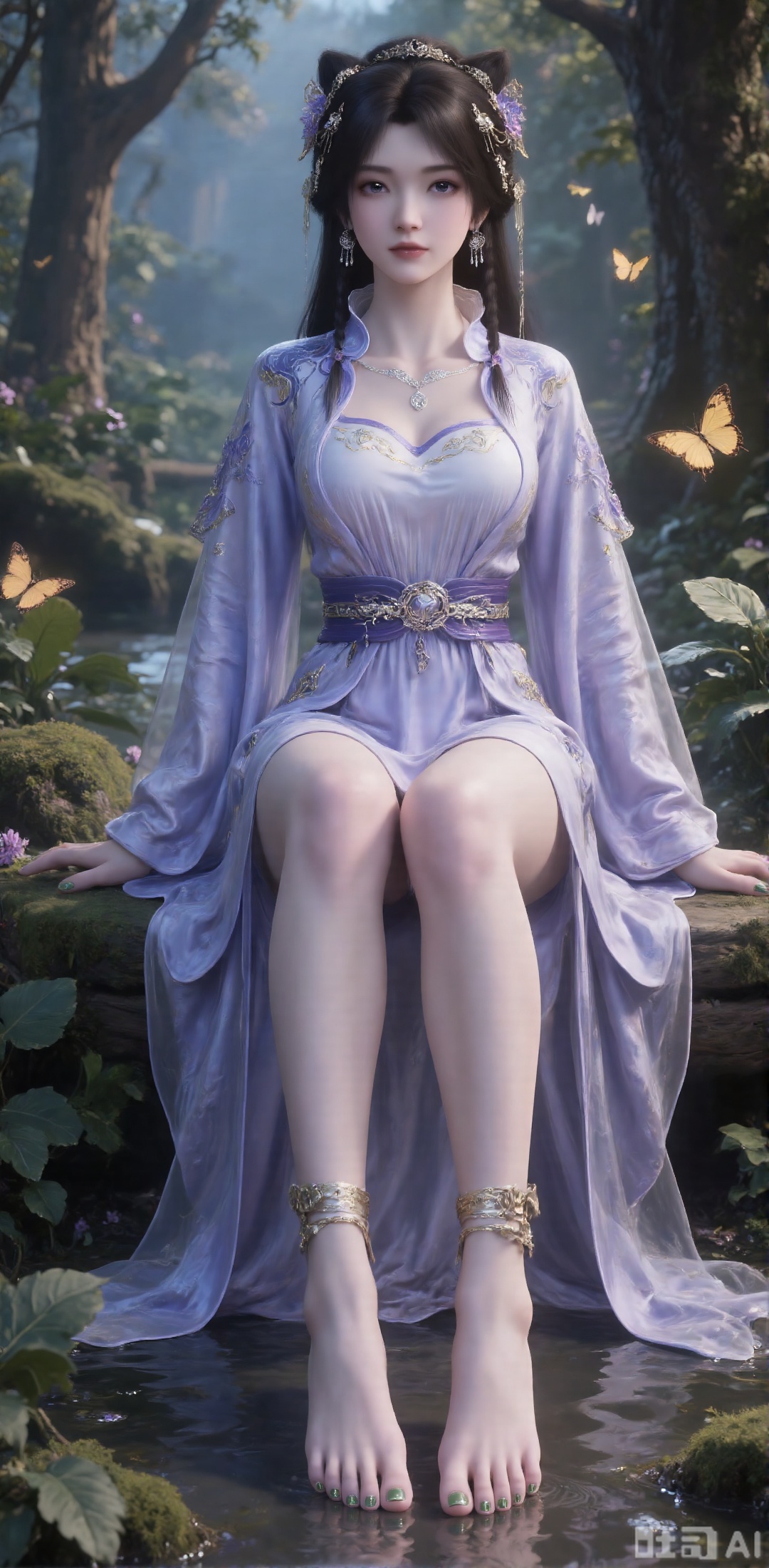 The image is a digital illustration of a young woman sitting on a mossy log in the forest. She was wearing a purple dress with intricate patterns and patterns, with her legs crossed in front of her. She was barefoot and her toenails were covered with green nail polish. She has long, loose wavy hair, and wears earrings and garlands. The background is tall trees and dense green plants, and a few butterflies are flying around her. The overall atmosphere of this picture is quiet and peaceful.Facial features are extremely clear