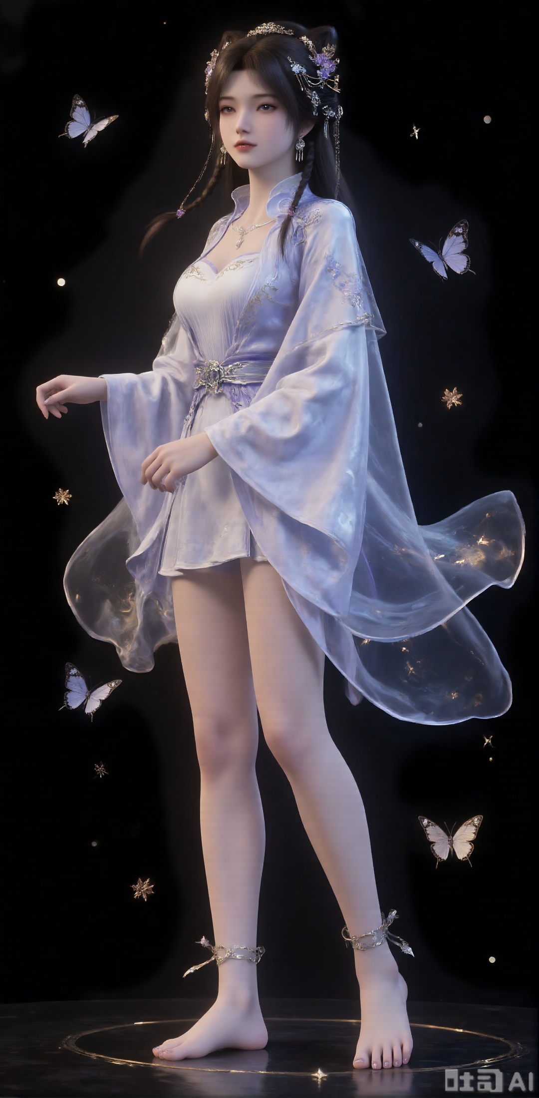 1 girl, single, dark brown hair, bob, wearing hair accessories, dress, wearing jewelry, white dress, looking at the audience, barefoot, butterfly shape decoration on her feet, pure black background,
Filters, filters, skin, very delicate, skin, flawless skin, exquisite, Yan Fei