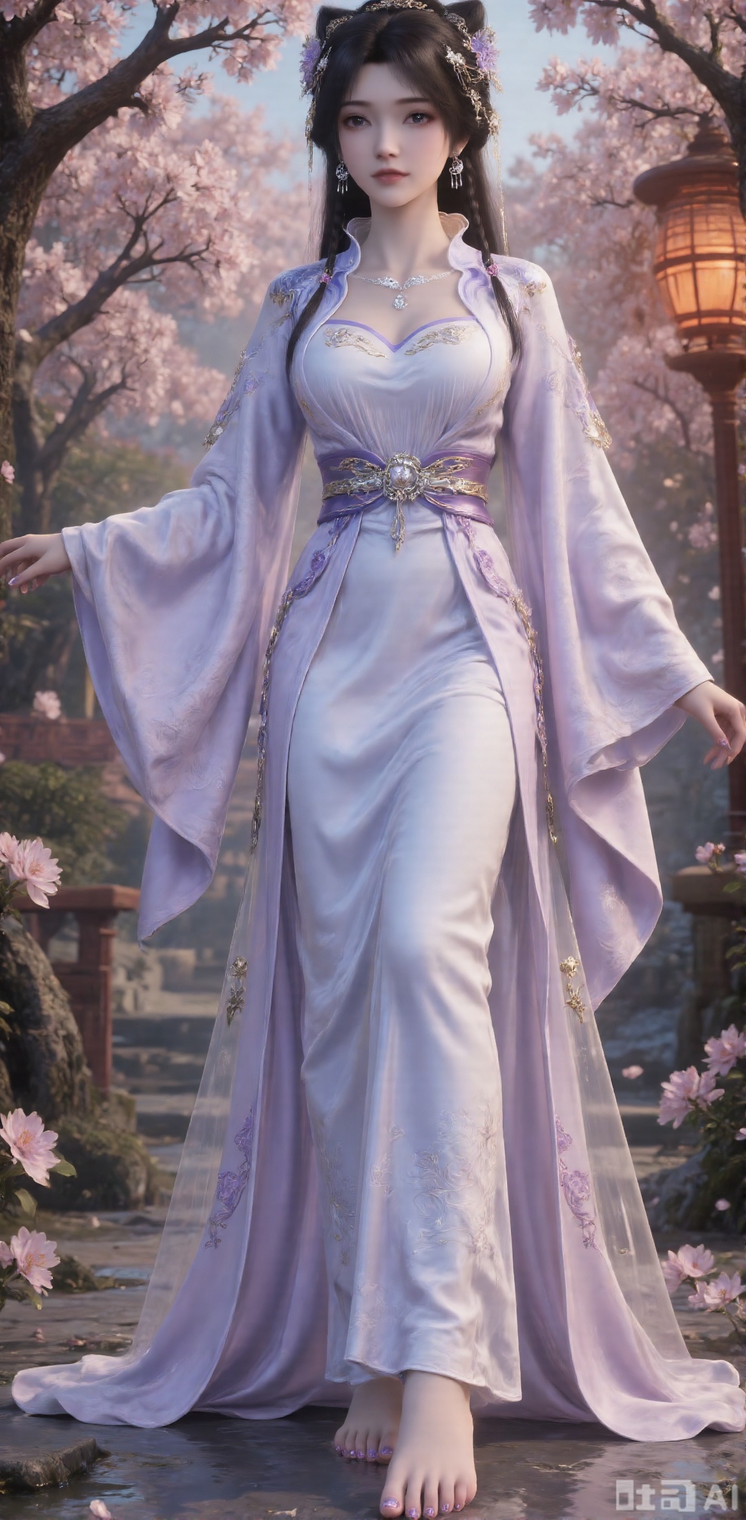 This text centers around a woman, creating a picture that combines classic elegance with agility, rich in details and layered:

- **Clothing details**: The core is a traditional Chinese-style dress in pink and white, with an elegant style. The upper body is made of pink fabric with exquisite embroidery, highlighting its magnificence; the off-the-shoulder design showcases the beauty of the shoulder line, and the golden waistband with inlaid large gemstones enhances the sense of nobility. The lower body's white skirt is decorated with pink embroidery, and the loose hem adds a flowing feel; the pink shawl enriches the overall layering.

- **Character state and environment**: The girl once danced alone, with her long hair fluttering in the wind; later, she sat on a cherry blossom tree, with a ponytail, looking at the audience, her posture changing from dynamic to static. The red light of the setting sun shines on her, creating a warm and slightly atmospheric scene.

- **Accessories and details**: In addition to the clothing, there are also black hair (in contrast to the previous long hair), hair accessories, necklaces, bracelets and other decorations. Her feet are bare and her toes are painted with purple nail polish. The detailed depiction makes the character image more distinct. The overall style tends to be realistic, and through the combination of clothing, movements and environment, it shapes an image of a girl with both classical beauty and agile temperament.