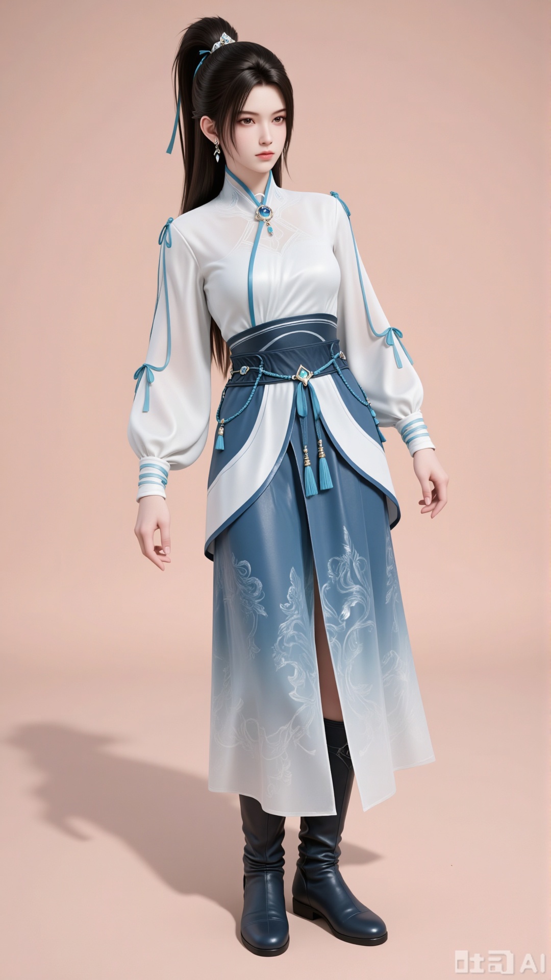 Full-body photo, one girl, long hair, black hair, jewelry, earrings, Chinese-style clothing, ponytail, dress, long sleeves, realistic style, waist belt, brown eyes, hair accessories, white and blue gradient dress, hairband, sense of perspective, perspective sleeves, ribbon, chest, tassel, gemstone, puffy long sleeves, skirt, pants, long boots.
 
Solid color background. Light and shadow. Full of natural light.,3d_character_ny