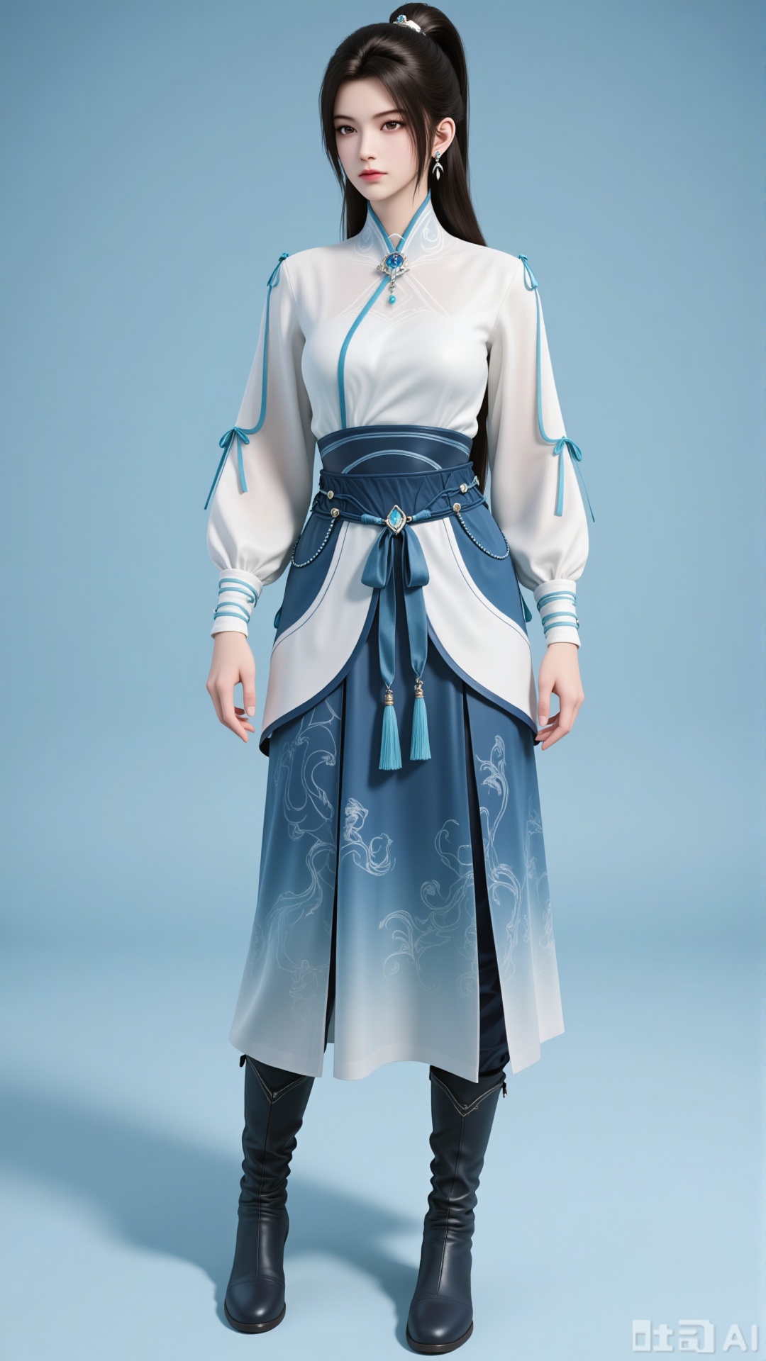 Full-body photo, one girl, long hair, black hair, jewelry, earrings, Chinese-style clothing, ponytail, dress, long sleeves, realistic style, waist belt, brown eyes, hair accessories, white and blue gradient dress, hairband, sense of perspective, perspective sleeves, ribbon, chest, tassel, gemstone, puffy long sleeves, skirt, pants, long boots.
 
Solid color background. Light and shadow. Full of natural light.,3d_character_ny