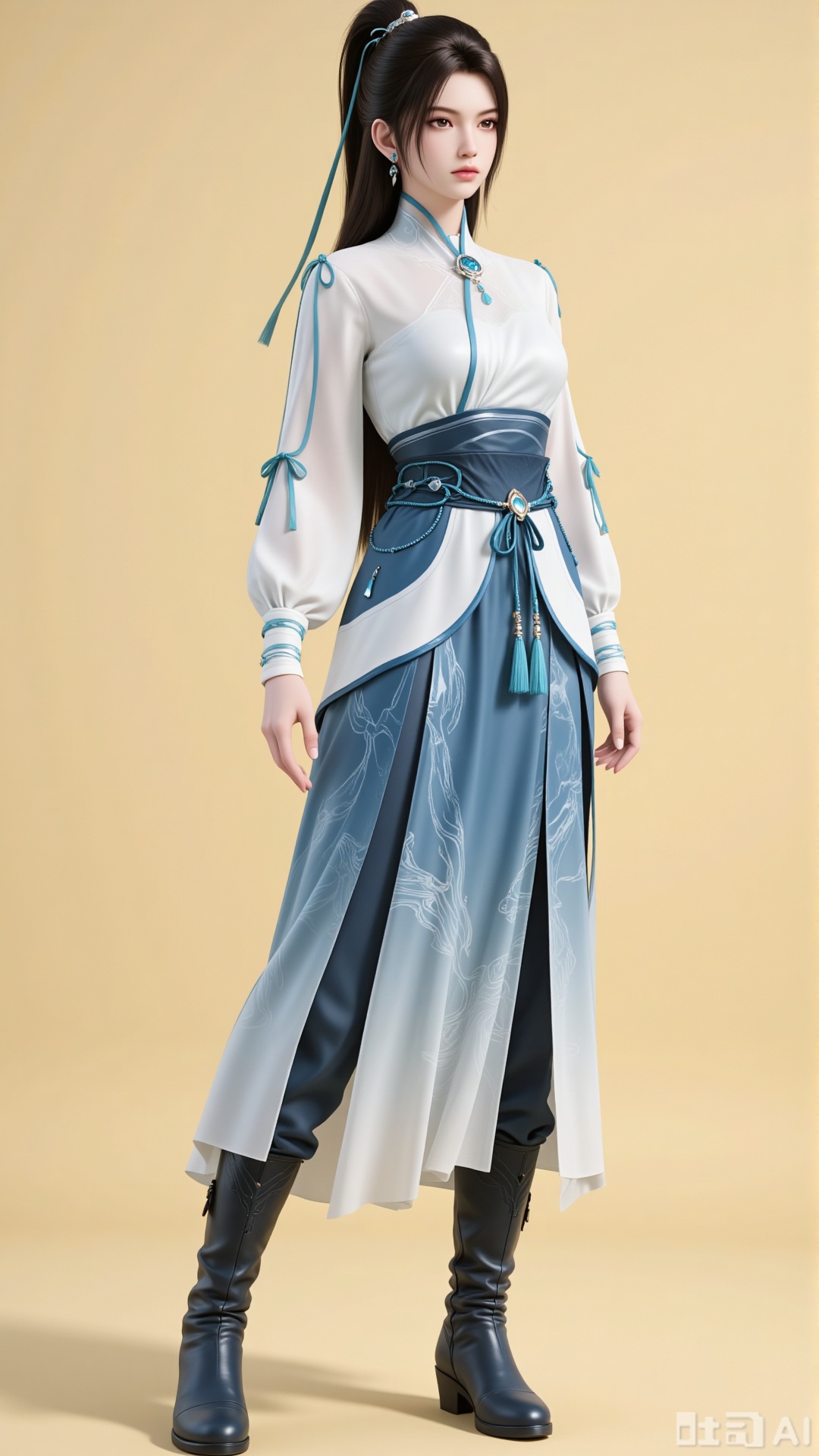 Full-body photo, one girl, long hair, black hair, jewelry, earrings, Chinese-style clothing, ponytail, dress, long sleeves, realistic style, waist belt, brown eyes, hair accessories, white and blue gradient dress, hairband, sense of perspective, perspective sleeves, ribbon, chest, tassel, gemstone, puffy long sleeves, skirt, pants, long boots.
 
Solid color background. Light and shadow. Full of natural light.,3d_character_ny