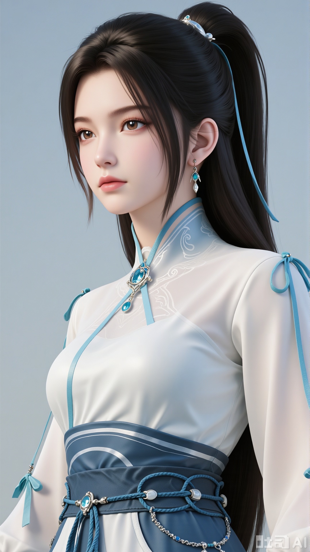 Close-up of upper body, one girl, long hair, black hair, jewelry, earrings, Chinese-style clothing, ponytail, dress, long sleeves, realistic style, waist belt, brown eyes, hair accessories, white and blue gradient dress, hair band, sense of perspective, perspective sleeves, ribbons, chest, tassels, gems, puffy long sleeves, skirt.
 
Solid color background. Light and shadow. Full of natural light.,3d_character_ny