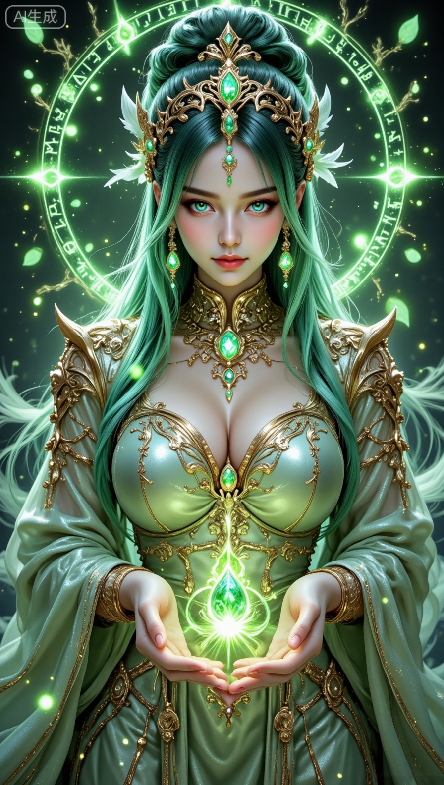 A fantasy - style woman with long, flowing hair that transitions from dark green to bright green. She wears an elegant, light green outfit adorned with intricate golden patterns and large, glowing green gemstones. The attire features a high collar and ornate shoulder armor with golden detailing. She accessorizes with matching green gem earrings and a hairpiece with a feather and gem. Her hands are positioned as if channeling magic, and the background is a deep green with glowing circular runes, floating leaves, and sparkles, creating an otherworldly, mystical atmosphere. The lighting highlights the glow of the gems and the ethereal quality of her hair and clothing.