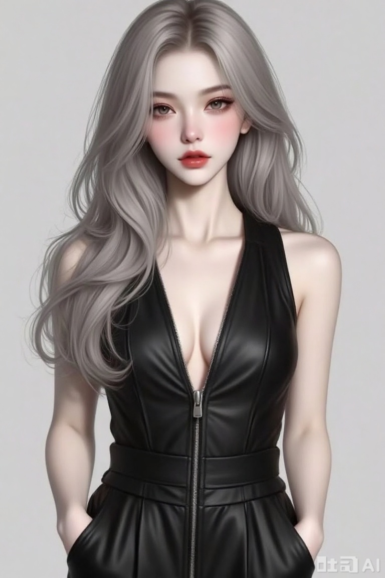 this is a highly detailed digital illustration of a young woman with pale skin and long, wavy silver hair that cascades past her shoulders, she has striking pinkish-red lips, light pink blush on her cheeks, and large, expressive eyes with a slight pink hue, she is wearing a black, sleeveless, zip-up leather jumpsuit that is unzipped to reveal a modest cleavage, her hands are casually tucked into her pockets, the background is a simple, light gray gradient, keeping the focus on her, the illustration has a realistic yet slightly stylized anime-like quality, with smooth textures and careful attention to light and shadow