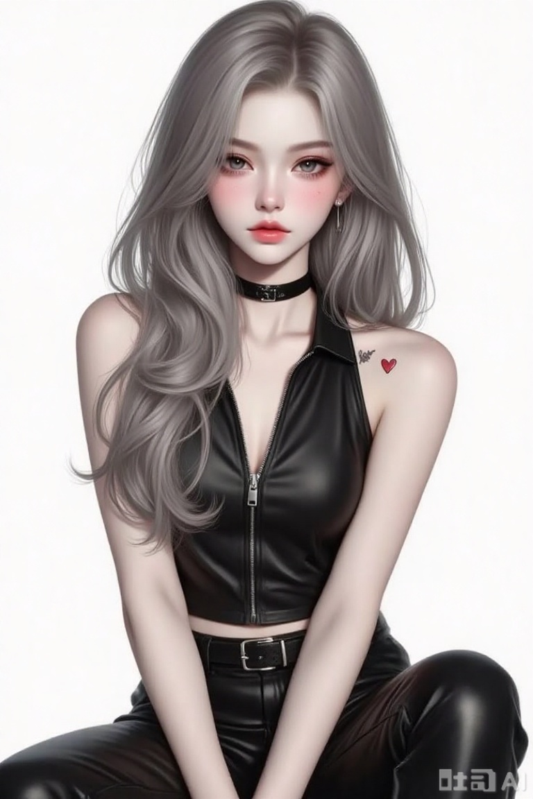 this is a digital illustration of a young woman with long, wavy, silver-gray hair and pale skin, she has delicate facial features, pink blush on her cheeks, and pink lips, she wears a black sleeveless leather zip-up top, revealing her slim arms, and black leather pants, a black leather collar with a silver buckle is around her neck, she has a small heart tattoo on her left shoulder, her expression is neutral, and she is seated with her right hand resting on her knee, the background is plain white, making her the focal point, the art style is highly detailed and realistic, with a slight anime influence