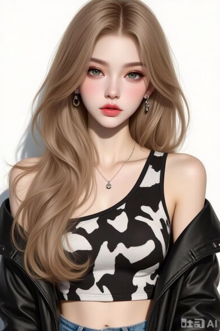 this is a highly detailed digital illustration of a young woman with fair skin and long, wavy blonde hair, she has large, expressive green eyes, pink blush on her cheeks, and full pink lips, she wears a black and white one-shoulder crop top with a monochrome abstract pattern, and a black leather jacket that is partially off her shoulders, her ears are adorned with small, circular earrings, and she wears a delicate necklace with small pendants, she also has a pair of blue jeans visible at the bottom, the background is plain white, making her the focal point, the art style is hyper-realistic with a slight anime influence, emphasizing her youthful and beautiful appearance
