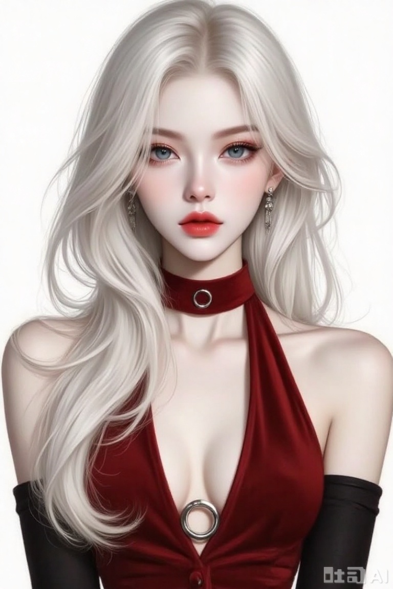 this is a highly detailed digital illustration of a young woman with pale, porcelain skin and long, flowing white hair, she has delicate, pink-tinged cheeks, light blue eyes, and full, red lips, she is wearing a red velvet halter top with a silver ring at the center, exposing her shoulders and part of her chest, her arms are adorned with black, elbow-length gloves, the background is pure white, making her the focal point, the illustration has a realistic yet slightly stylized appearance, with smooth textures and subtle shading, the overall style is reminiscent of contemporary digital portrait art, emphasizing beauty and elegance