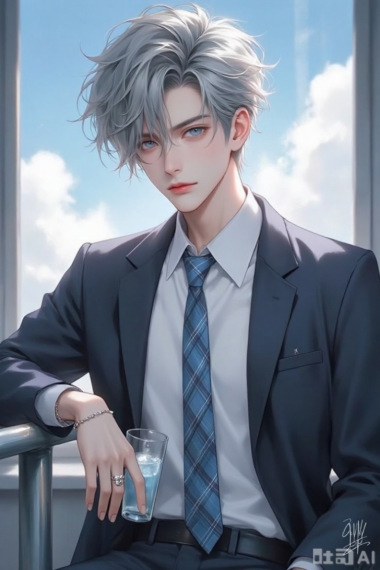 this is a digital anime-style illustration of a young man with tousled, silver-gray hair and pale skin, sitting at a window, he has piercing blue eyes and a slightly melancholic expression, he wears a blue plaid tie, a white dress shirt, and a dark blue jacket with a pocket on the left side, his left hand, adorned with a ring and a silver bracelet, rests on a metal railing, holding a cup with a small ice cube, the background features a bright blue sky with fluffy white clouds, visible through the window, the overall color palette is cool, with blues and whites dominating, the artists signature and a small logo are in the bottom right corner