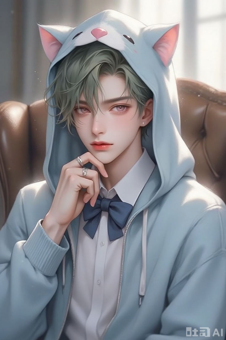 this is a digital painting of a young man with pale skin and delicate features, wearing a light blue hoodie with cat ears and a pink nose, resembling a cute animal, his greenish-brown hair is slightly tousled, and he has pink-tinted eyes and light pink lips, he is touching his chin with his left hand, which has a ring on his ring finger, he wears a white shirt with a blue bow tie, the background features a brown leather chair and a window with soft, diffused light, the overall style is soft and pastel, with a slightly ethereal, anime-like quality
