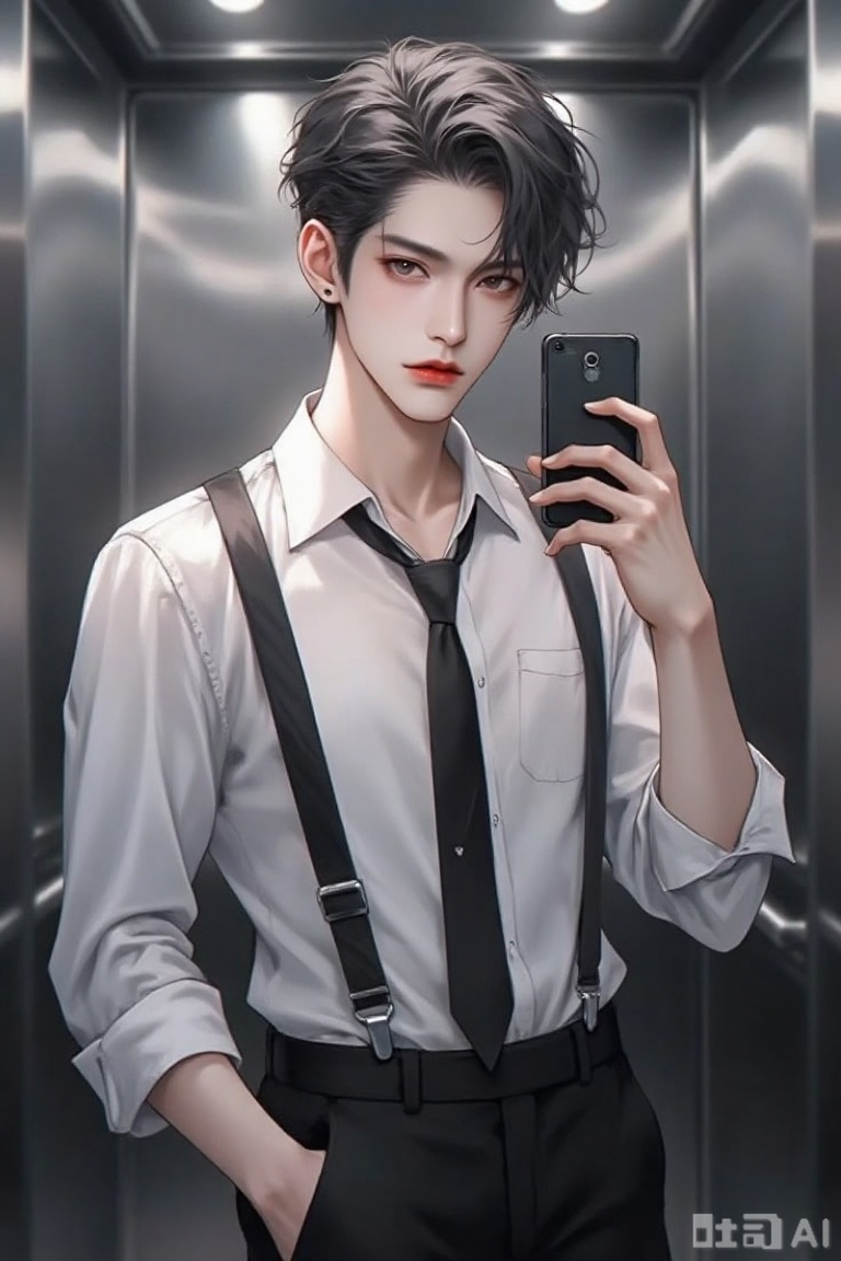 this is a digital drawing in an anime style depicting a young man with pale skin and black, tousled hair, he is taking a selfie in a metallic elevator, holding a smartphone with a black case in his right hand, he wears a white, slightly sheer, button-up shirt that reveals the contours of his chest and black suspenders with a black tie, his left hand rests on his hip, and he has a serious expression with red lips, the background is composed of shiny, vertical elevator walls, the overall color palette is monochromatic with shades of black, white, and gray, creating a sleek, modern look