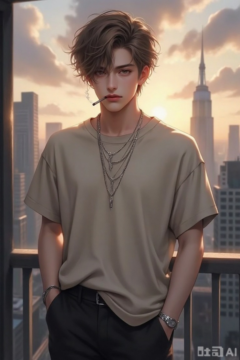 this digital painting depicts a young, handsome man with tousled brown hair and fair skin, standing on a balcony during a sunset in a modern city, he wears a loose, beige t-shirt, black pants, and multiple silver chains around his neck, a cigarette dangles from his lips, with smoke curling upwards, his right arm rests on the balcony railing, while his left hand is in his pocket, the background showcases a cityscape with tall skyscrapers, including a distinctive tower with a spire, bathed in the warm, orange glow of the setting sun, the sky is adorned with soft, scattered clouds, adding to the serene yet moody atmosphere