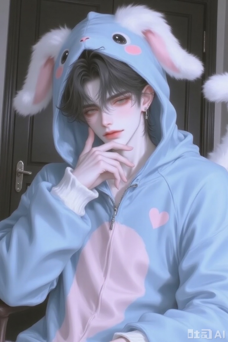 photograph of a young man with pale skin and black, slightly tousled hair, wearing a light blue, hooded, animal-themed onesie with pink heart and white bunny ear details, his eyes are closed, and he has a soft, contemplative expression, with one hand gently touching his chin, the onesie has a zipper down the front and fluffy white cuffs, he has small, delicate earrings visible in his ears, the background features a dark wooden door with a silver doorknob, the lighting is soft, creating a gentle, almost ethereal glow around him, the overall style is whimsical and slightly dreamy