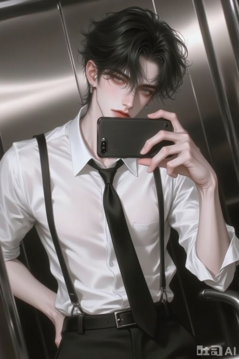 this is a digital drawing in an anime style depicting a young man with pale skin and black, tousled hair, he is taking a selfie in a metallic elevator, holding a smartphone with a black case in his right hand, he wears a white, slightly sheer, button-up shirt that reveals the contours of his chest and black suspenders with a black tie, his left hand rests on his hip, and he has a serious expression with red lips, the background is composed of shiny, vertical elevator walls, the overall color palette is monochromatic with shades of black, white, and gray, creating a sleek, modern look