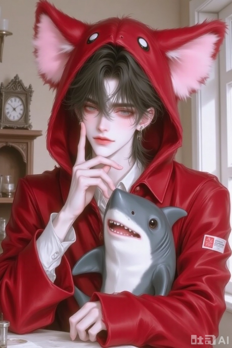 this digital illustration features a young, androgynous person with pale skin and messy black hair, wearing a red, cat-ear hooded onesie with large pink inner ears, they have pink-tinted eyes and are touching their chin with their right hand, displaying a thoughtful expression, a gray, plush shark with a white underbelly is held in their left hand, the background includes a beige wall with a wooden shelf holding a clock and glass objects, the onesie has a white shirt collar peeking out and a small red label on the sleeve, the overall style is soft and slightly pastel, with a gentle, almost melancholic atmosphere
