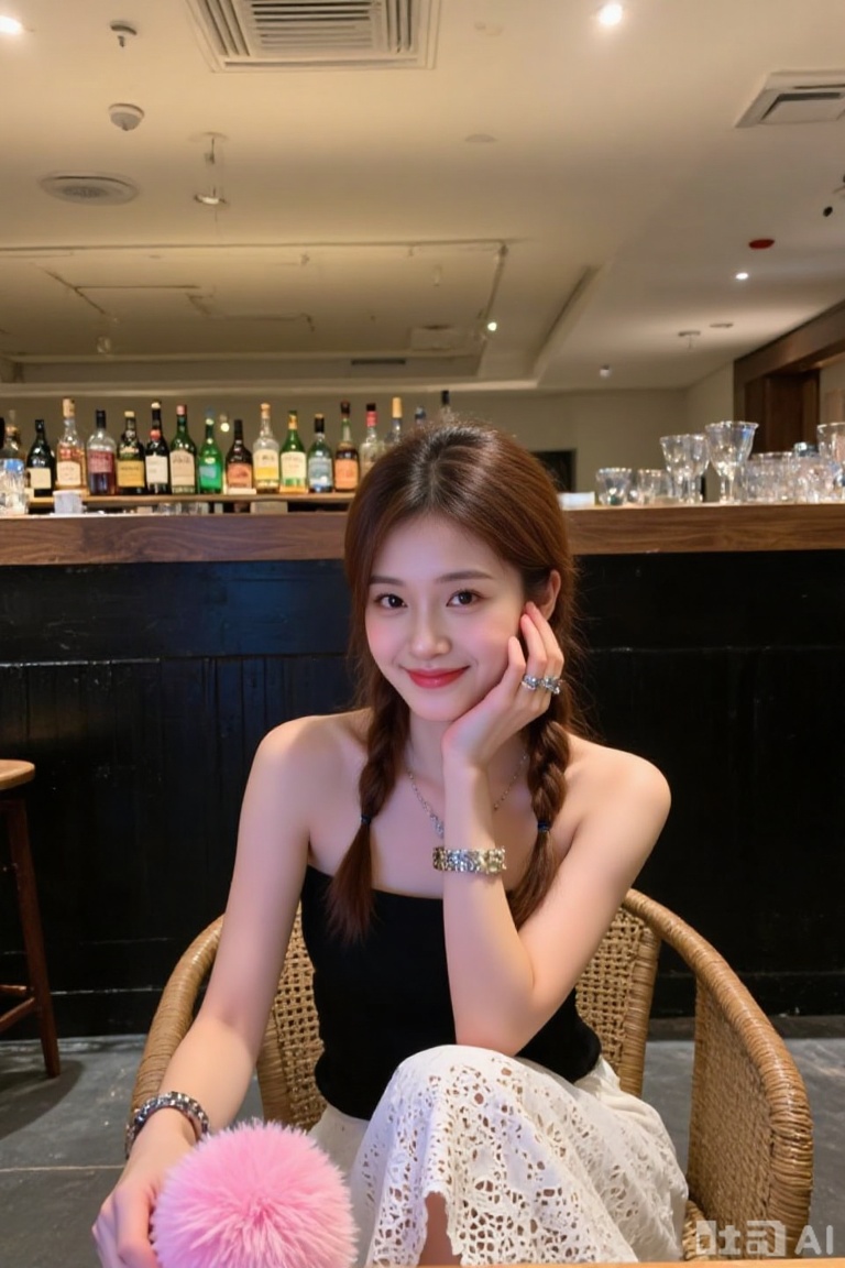 photograph of an asian woman with fair skin and long, brown hair in two braids, sitting at a bar, she is wearing a black, strapless top and a white, lace skirt, she has a slim build and is smiling gently with her right hand resting on her cheek, she wears a silver bracelet and a ring on her right hand, the background features a bar with various liquor bottles and glassware, the bar counter is black with a wooden texture, the ceiling has recessed lighting and a vent, the woman is seated on a wicker chair, and there is a pink, fuzzy object on the table in front of her