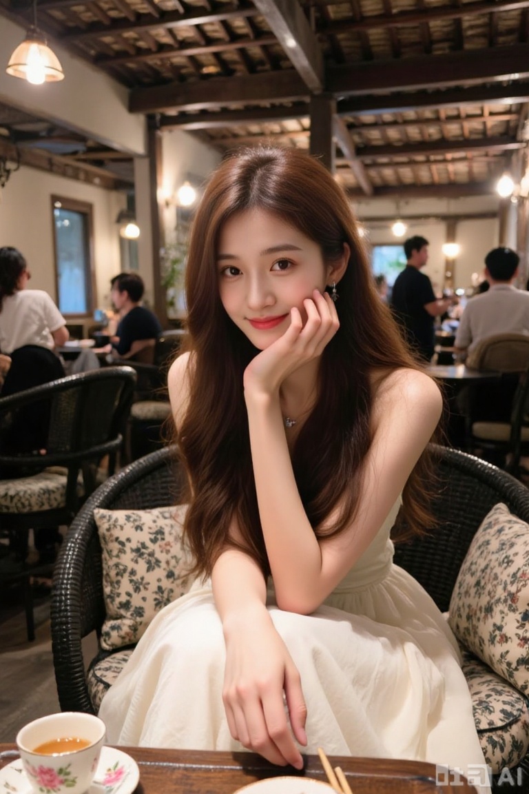 photograph of a young east asian woman with long, wavy brown hair and fair skin, sitting in a rustic, warmly lit café, she wears a sleeveless, cream-colored dress with a subtle sheen, her right hand rests gently on her chin, and she smiles softly, the background features wooden beams, hanging lights, and a mix of patterned and plain cushions on dark wicker chairs, a table in the foreground holds a teacup with a floral design and a pair of chopsticks, other patrons are visible in the background, adding a sense of casual, cozy ambiance, the overall setting is inviting and elegant