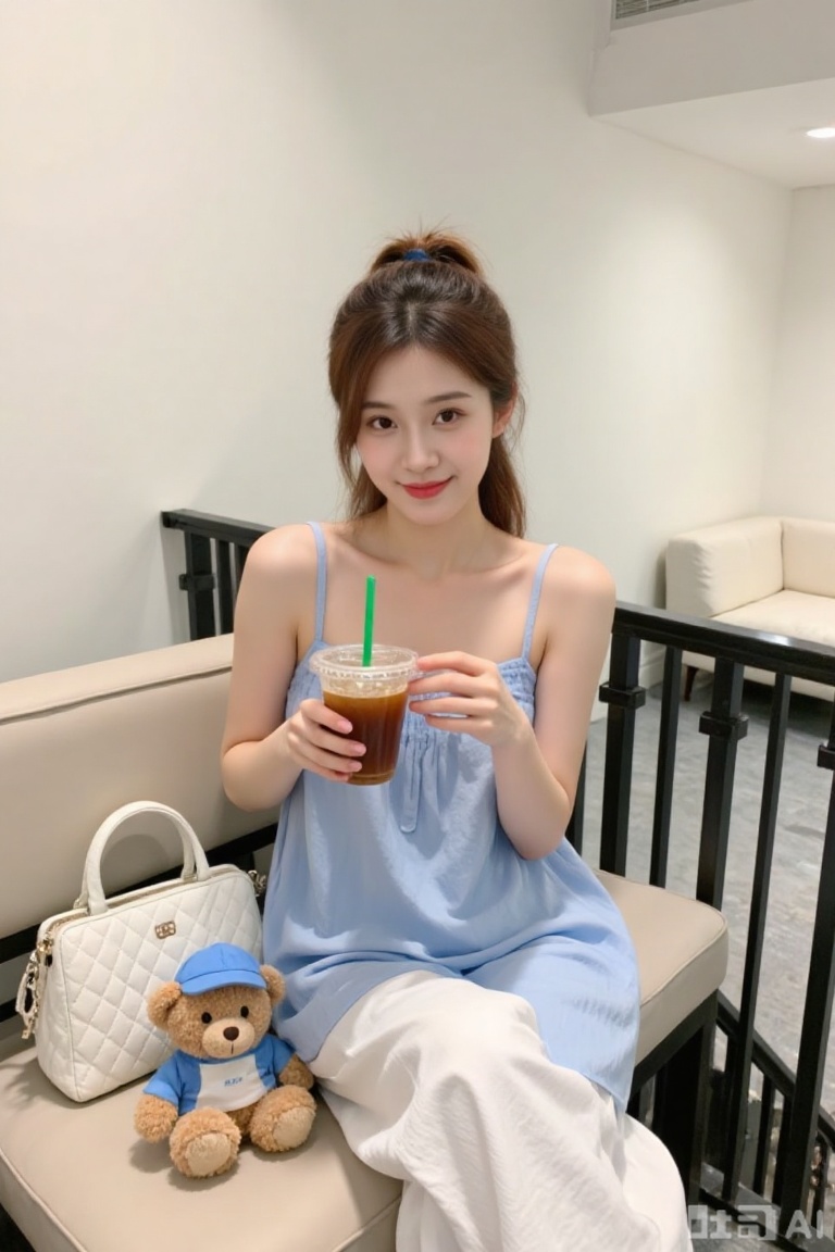 photograph of an asian woman with fair skin and long, brown hair in a casual ponytail, sitting on a beige cushioned bench in a modern, minimalist room with white walls and black railings, she is wearing a light blue, spaghetti-strap sundress and white pants, holding a clear plastic cup with iced coffee and a green straw in her right hand, her left hand rests on her lap, a small, brown teddy bear wearing a blue cap and white shirt sits beside her on the bench, next to a white, quilted handbag, the background includes a black, metal railing and a white sofa, the lighting is bright and even