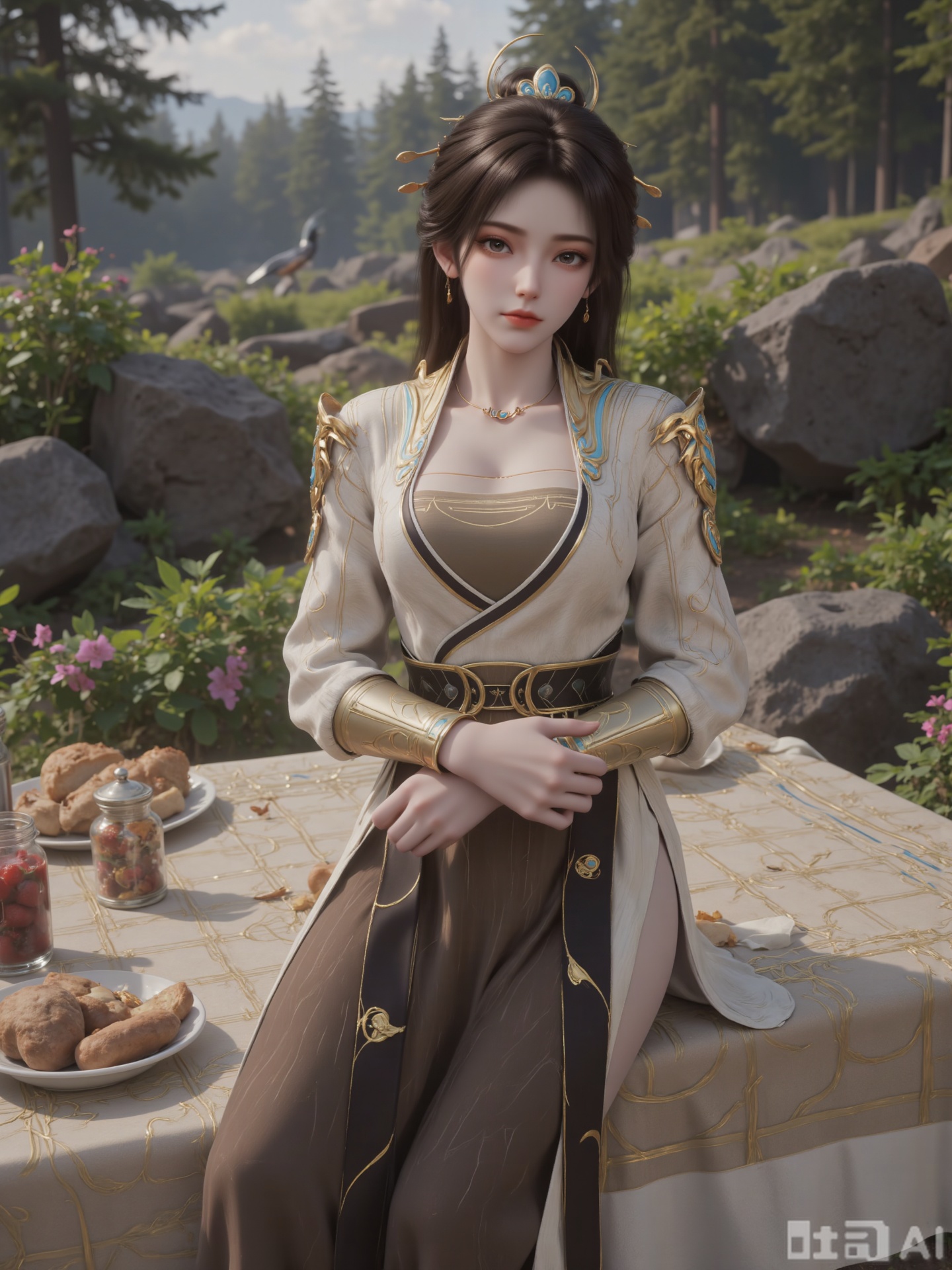 A digital artwork describes a young Asian woman with fair skin, delicate facial features and long, loose and elegant dark black hair. She wears a gorgeous golden blue headdress
Wear a traditional, complex patterned luxury robe turtle collar with gold and beige patterns intricately. This dress features a corset and flowing skirt, as well as a pair of black and gold Chinese-style shoes.
Super realistic and beautiful romantic illustrations, rich details show exquisiteness. She sits elegantly on the picnic lace cloth. The background is a picnic open space deep in the quiet forest. The huge rocks covered by ancient moss (a few bushes of lily lily of the valley flowers grow beige plaid picnic cloth (on the cloth is placed with glass jars of strawberry jars, whole wheat bread, and stone pottery vases with wild flowers). In the distance, squirrels poke their heads on the pine branches (fine sunlight leaks between the pine branches), birds singing and the sound of the breeze blowing through the leaves are intertwined. The whole scene exudes a natural poetic and literary relaxation, highlighting the harmonious integration of her aesthetics of life and the secret realm of the forest.