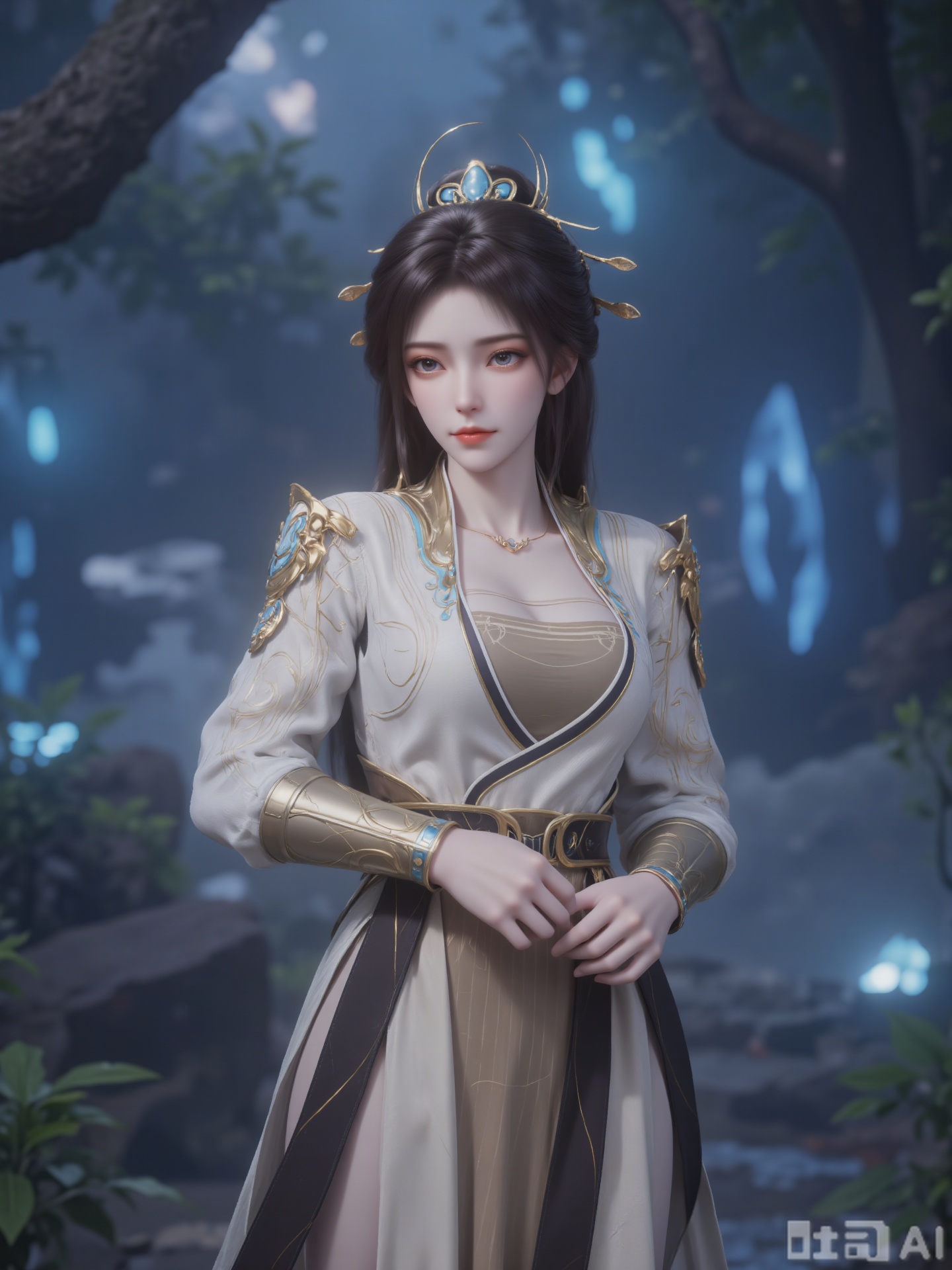 "A digital artwork depicts a young Asian woman with fair skin, delicate facial features and long, loose and elegant dark black hair. She wears a gorgeous golden blue headdress
Wear a traditional, complex patterned luxury robe turtle collar with gold and beige patterns intricately. This dress features a corset and flowing skirt, as well as a pair of black and gold Chinese-style shoes.
The background is a mysterious ethereal forest with glowing blue crystals. The lights are soft and magical, enhancing the fantasy atmosphere. The images have a high-quality cinematic feel, which may come from video games or fantasy movies. The style is realistic and has a little fantasy art.