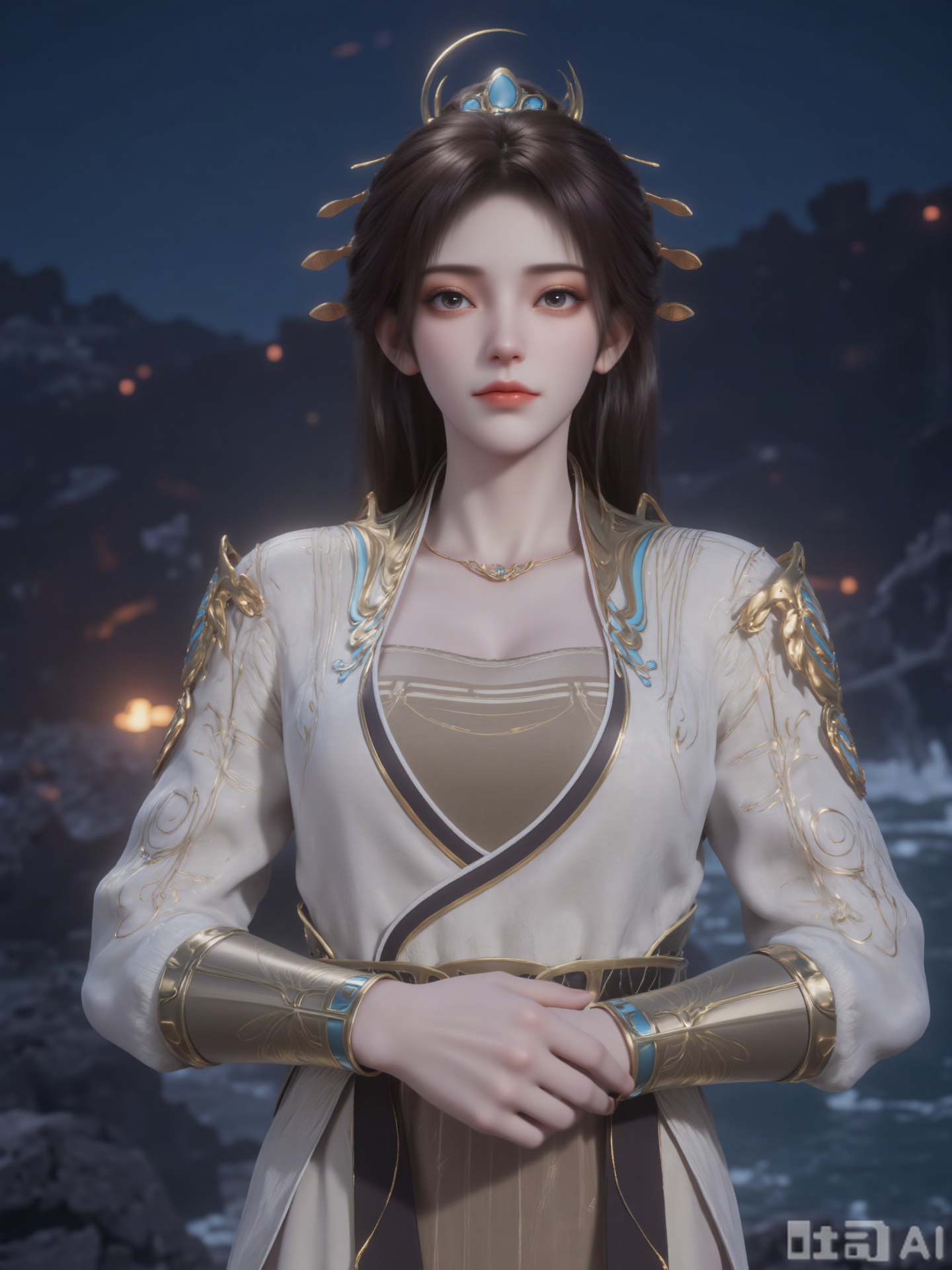A digital artwork describes a young Asian woman with fair skin, delicate facial features and long, loose and elegant dark brown hair. She wore a gorgeous gold-blue headdress and a luxurious robe with a traditional, complex pattern.
This scene has a dreamy, otherworldly feel, with soft and warm tones. The art style is very detailed, with realistic textures and lighting effects. The background is dark rocky cliffs and dim dusk sky. The woman's posture is elegant and meditative.