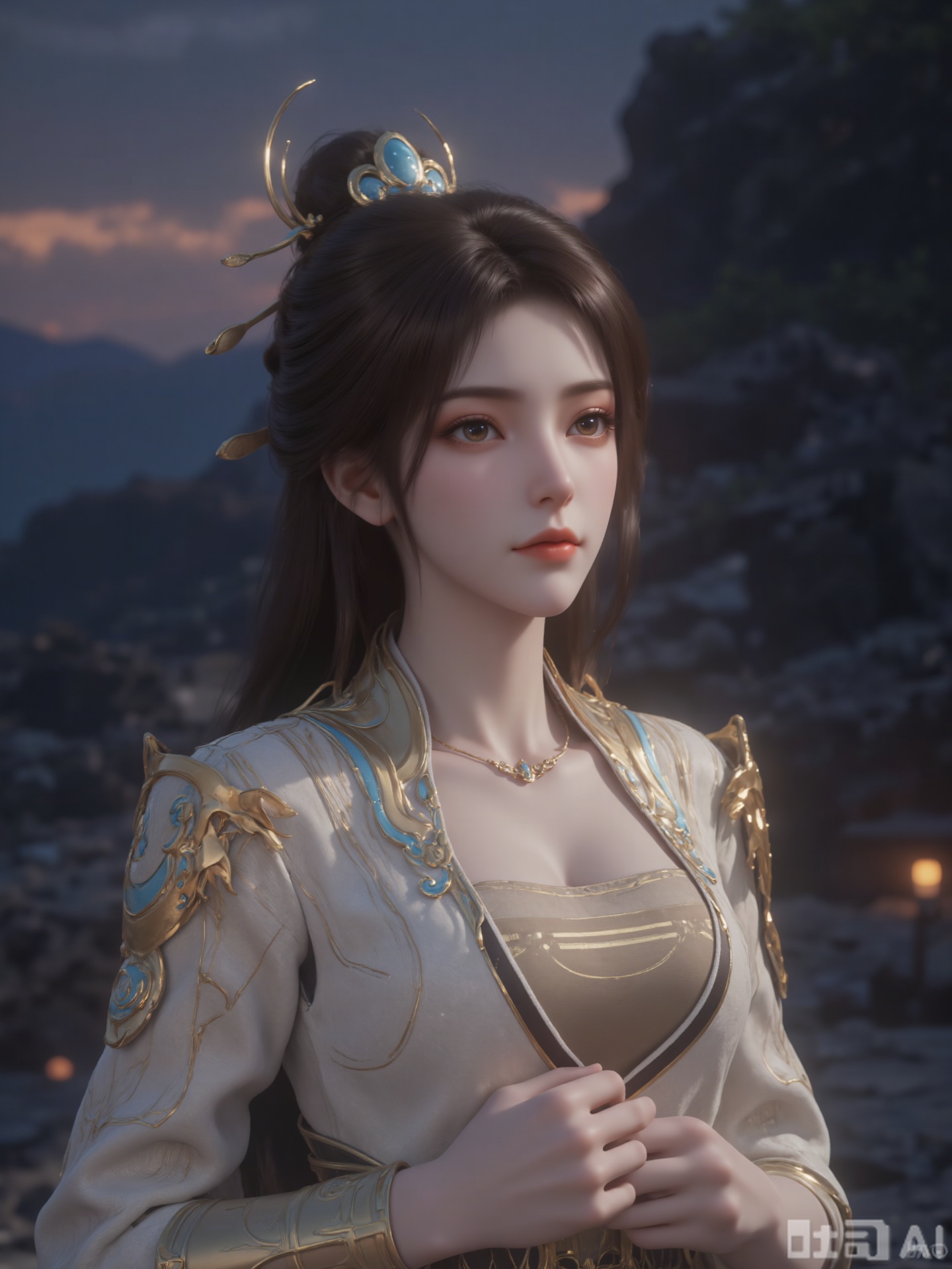 A digital artwork describes a young Asian woman with fair skin, delicate facial features and long, loose and elegant dark brown hair. She wore a gorgeous gold-blue headdress and a luxurious robe with a traditional, complex pattern.
This scene has a dreamy, otherworldly feel, with soft and warm tones. The art style is very detailed, with realistic textures and lighting effects. The background is dark rocky cliffs and dim dusk sky. The woman's posture is elegant and meditative.