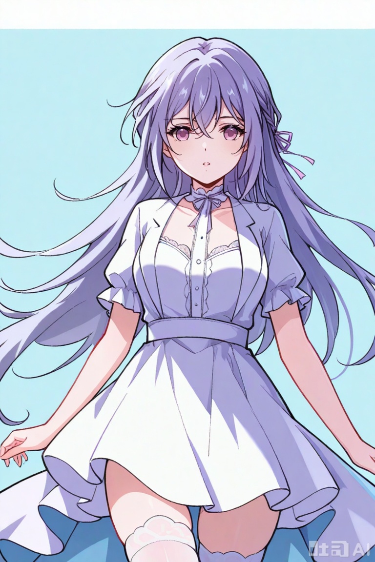 1girl, solo, long hair, looking at viewer, bangs, thighhighs, dress, ribbon, hair between eyes, purple eyes, hair ribbon, short sleeves, white dress, white thighhighs, 穆宁雪,