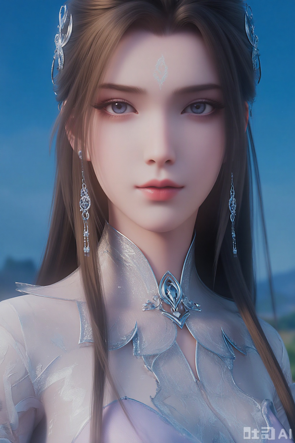 1girl, long hair, blue eyes, brown hair, hair ornament, dress, jewelry, closed mouth, upper body, ponytail, earrings, outdoors, sky, solo focus, day, necklace, blurry, blue sky, looking to the side, blurry background, chinese clothes, realistic