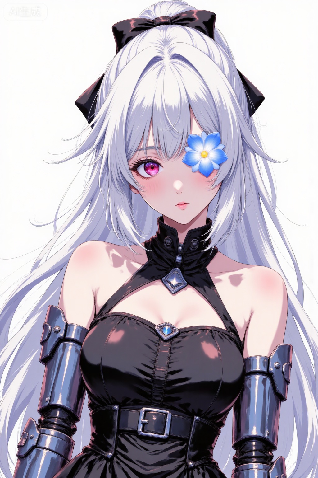 1girl, solo, long hair, breasts, looking at viewer, bangs, hair ornament, red eyes, dress, bow, bare shoulders, upper body, ponytail, flower, white hair, hair bow, parted lips, sleeveless, hair flower, pink eyes, black dress, black bow, sleeveless dress, white flower, gauntlets, blue flower, one eye covered, mechanical arms, single mechanical arm, flower over eye