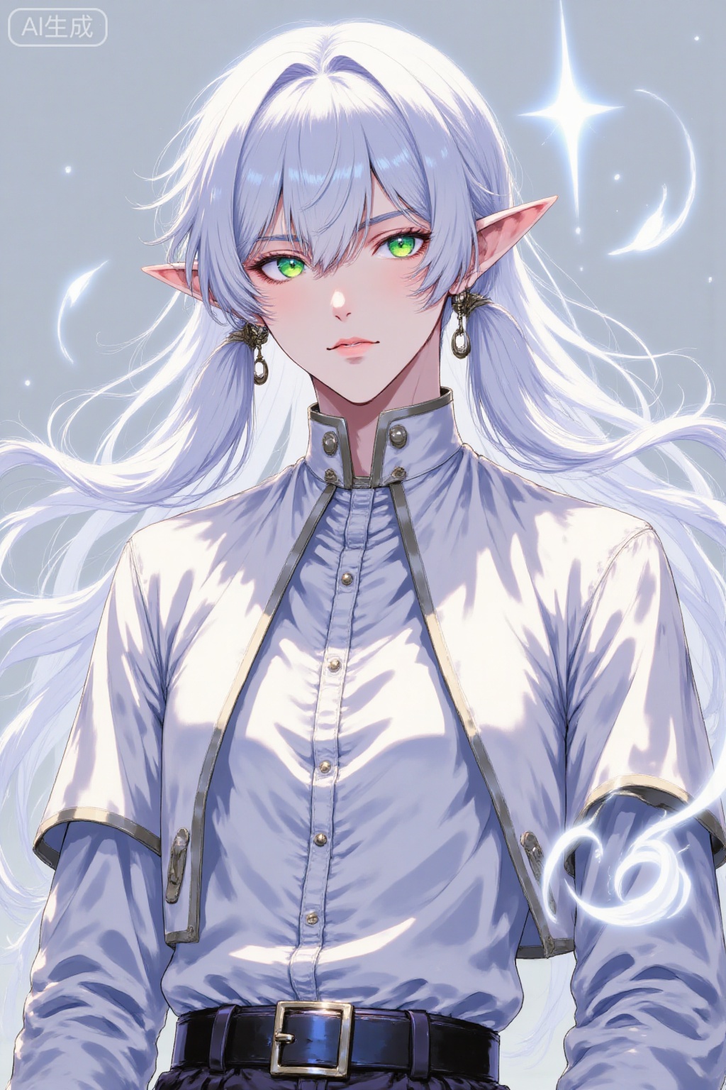 solo, long hair, looking at viewer, bangs, shirt, long sleeves, 1boy, twintails, jewelry, closed mouth, green eyes, white hair, male focus, earrings, pointy ears, striped, belt, parted bangs, sparkle, capelet, floating hair, elf, androgynous, black belt, glint, white capelet, floating object