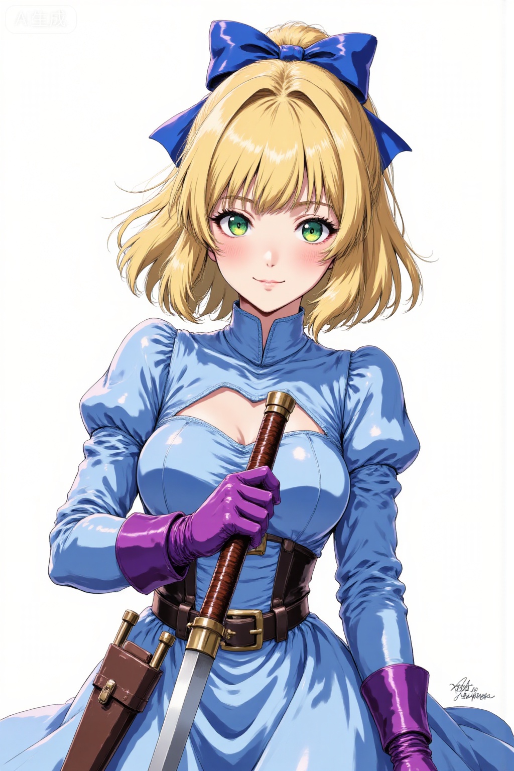 1girl, solo, breasts, looking at viewer, smile, short hair, bangs, blonde hair, simple background, gloves, long sleeves, white background, dress, bow, holding, closed mouth, green eyes, weapon, hair bow, puffy sleeves, belt, sword, signature, holding weapon, blue dress, blue bow, holding sword, knife, juliet sleeves, sheath, dagger, purple gloves