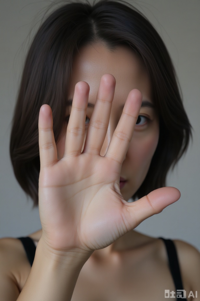 A sexy woman with black hair from the East,extending her five fingers in front of the lens,revealing her face through the gaps between her fingers,a blurred background,gray and white tones,creating an artistic and beautiful atmosphere. The texture of the palm is clear.,