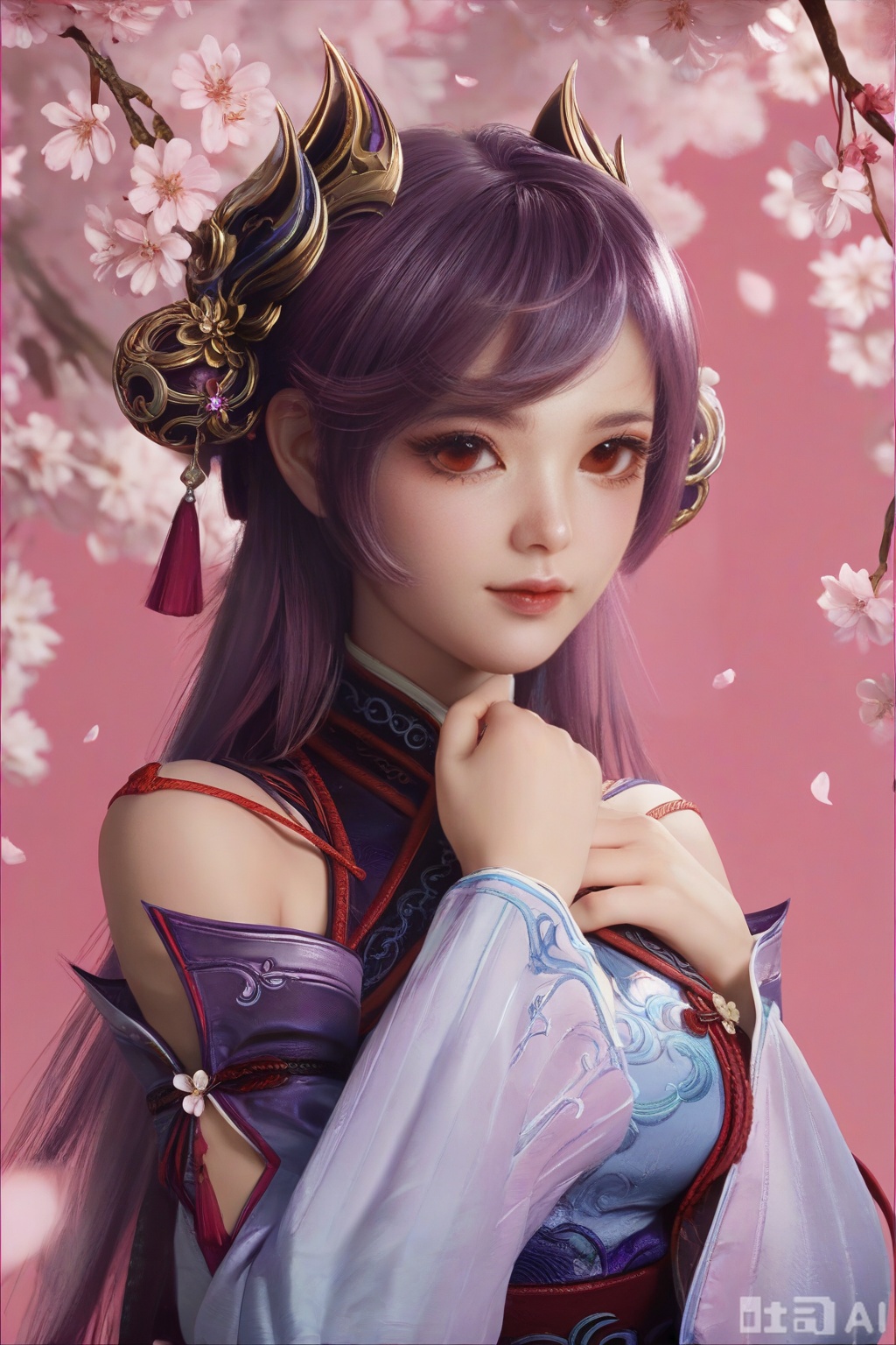 score_9,score_8_up,score_7_up,1girl,solo,looking at viewer,long hair,purple hair,hair ornament,red eyes,dress,detached sleeves,lips,Cherry Blossoms,petals,pink background,pink theme,facing viewer,faceoff,happiness