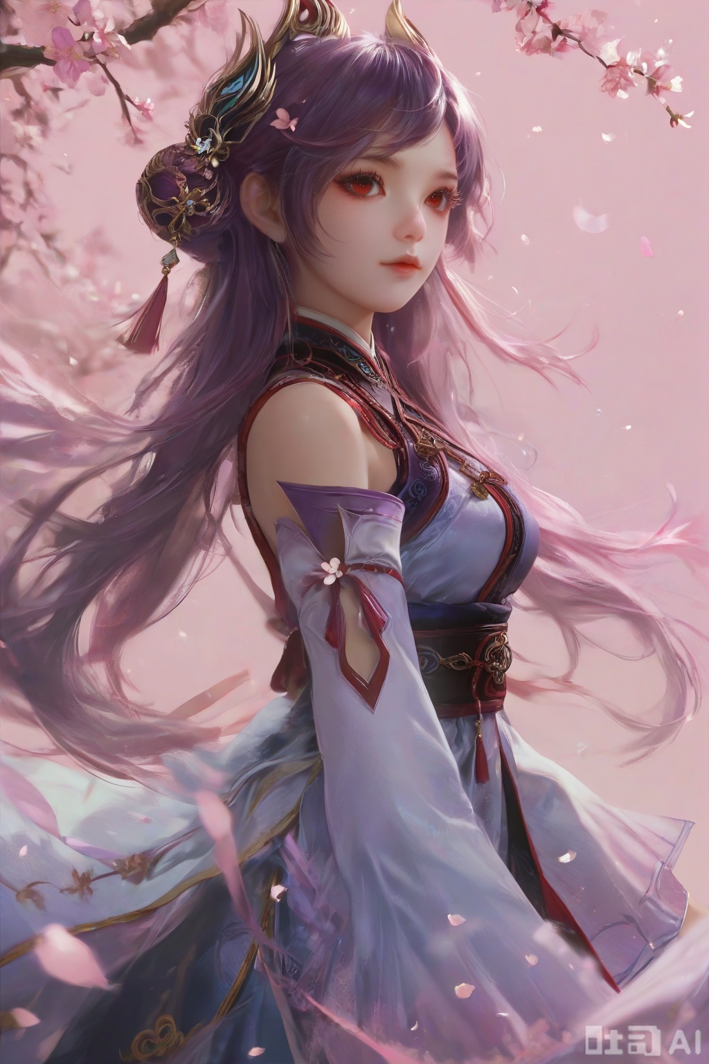 score_9,score_8_up,score_7_up,1girl,solo,looking at viewer,long hair,purple hair,hair ornament,red eyes,dress,detached sleeves,lips,Cherry Blossoms,petals,pink background,pink theme