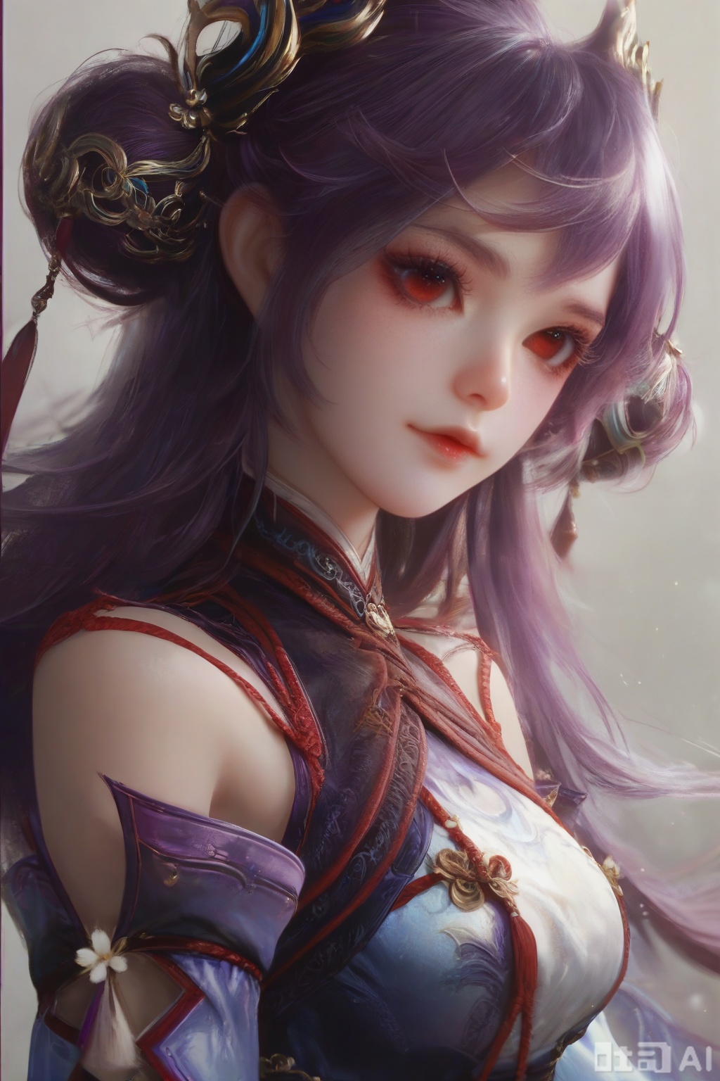 score_9,score_8_up,score_7_up,1girl,solo,looking at viewer,long hair,purple hair,hair ornament,red eyes,dress,detached sleeves,lips