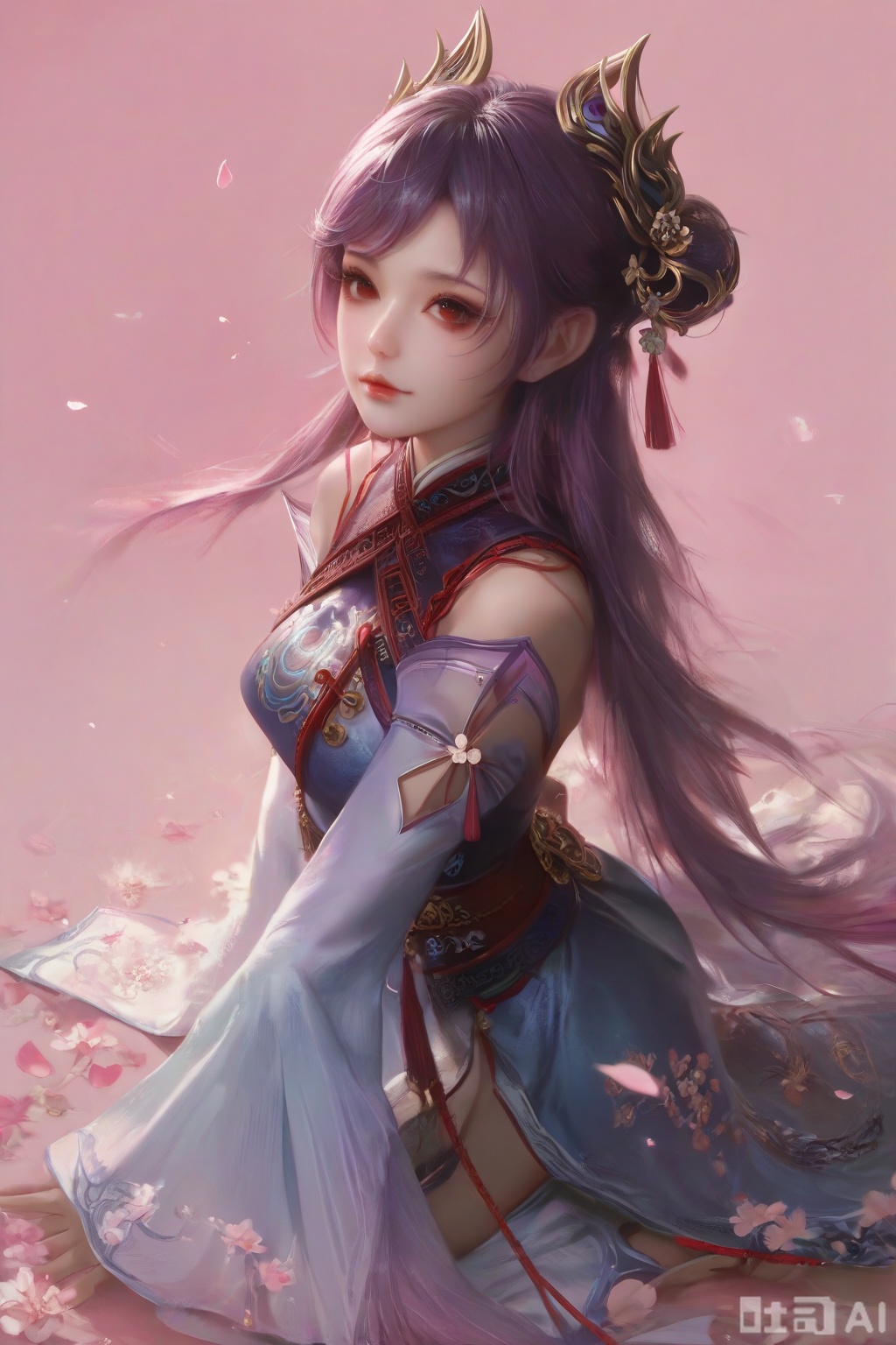 score_9,score_8_up,score_7_up,1girl,solo,looking at viewer,long hair,purple hair,hair ornament,red eyes,dress,detached sleeves,lips,Cherry Blossoms,petals,pink background,pink theme,facing viewer,faceoff,happiness,chinese clothes,kneeling on liquid