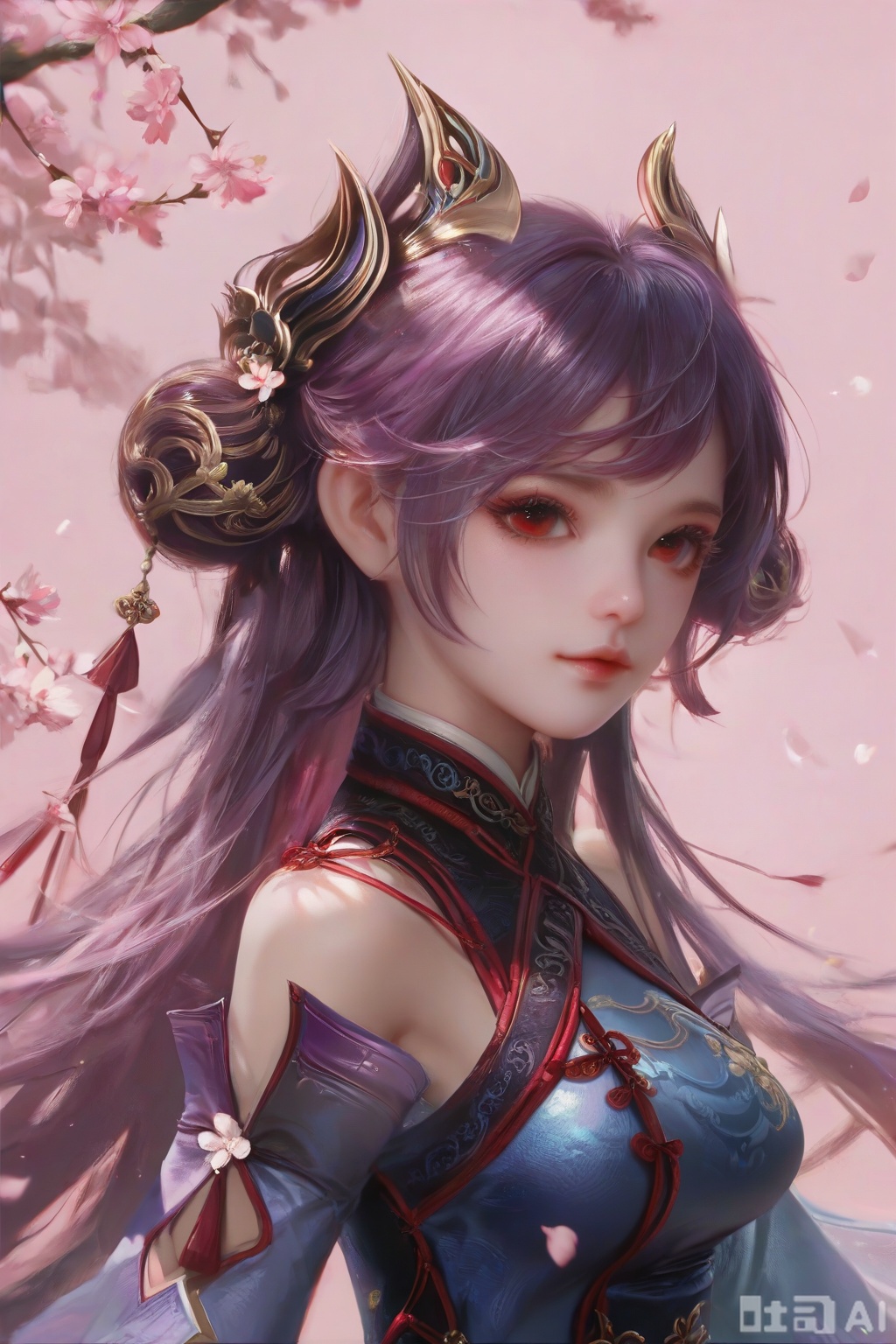 score_9,score_8_up,score_7_up,1girl,solo,looking at viewer,long hair,purple hair,hair ornament,red eyes,dress,detached sleeves,lips,Cherry Blossoms,petals,pink background,pink theme,facing viewer,faceoff,happiness,chinese clothes