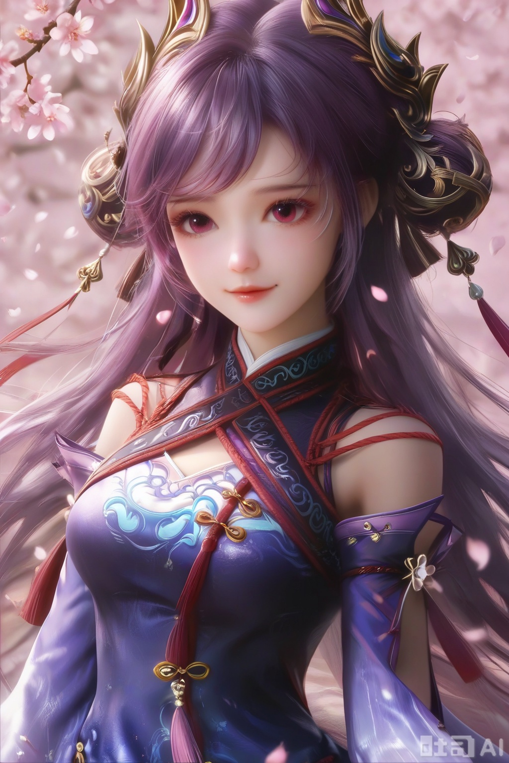 masterpiece, best quality, masterpiece,best quality,official art,extremely detailed CG unity 8k wallpaper, ,1girl,solo,looking at viewer,long hair,purple hair,hair ornament,dress,detached sleeves,lips,Cherry Blossoms,petals,pink background,pink theme,(facing viewer:1.3),(happiness:1.2),happiness,happiness,chinese clothes,pov,