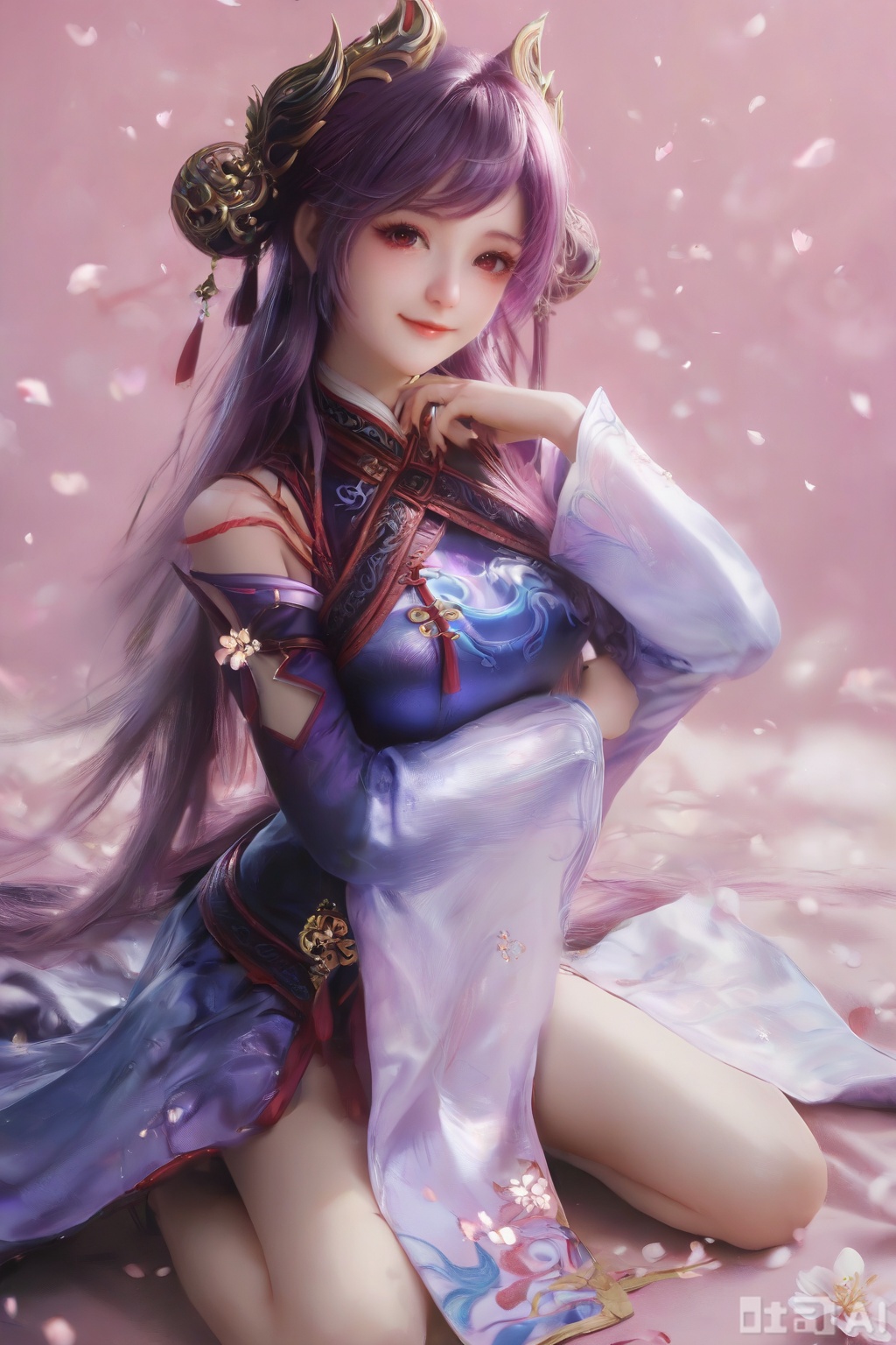score_9,score_8_up,score_7_up,1girl,solo,looking at viewer,long hair,purple hair,hair ornament,dress,detached sleeves,lips,Cherry Blossoms,petals,pink background,pink theme,(facing viewer:1.3),(happiness:1.2),happiness,happiness,chinese clothes,kneeling,hand up,pov,Part of the leg is exposed,