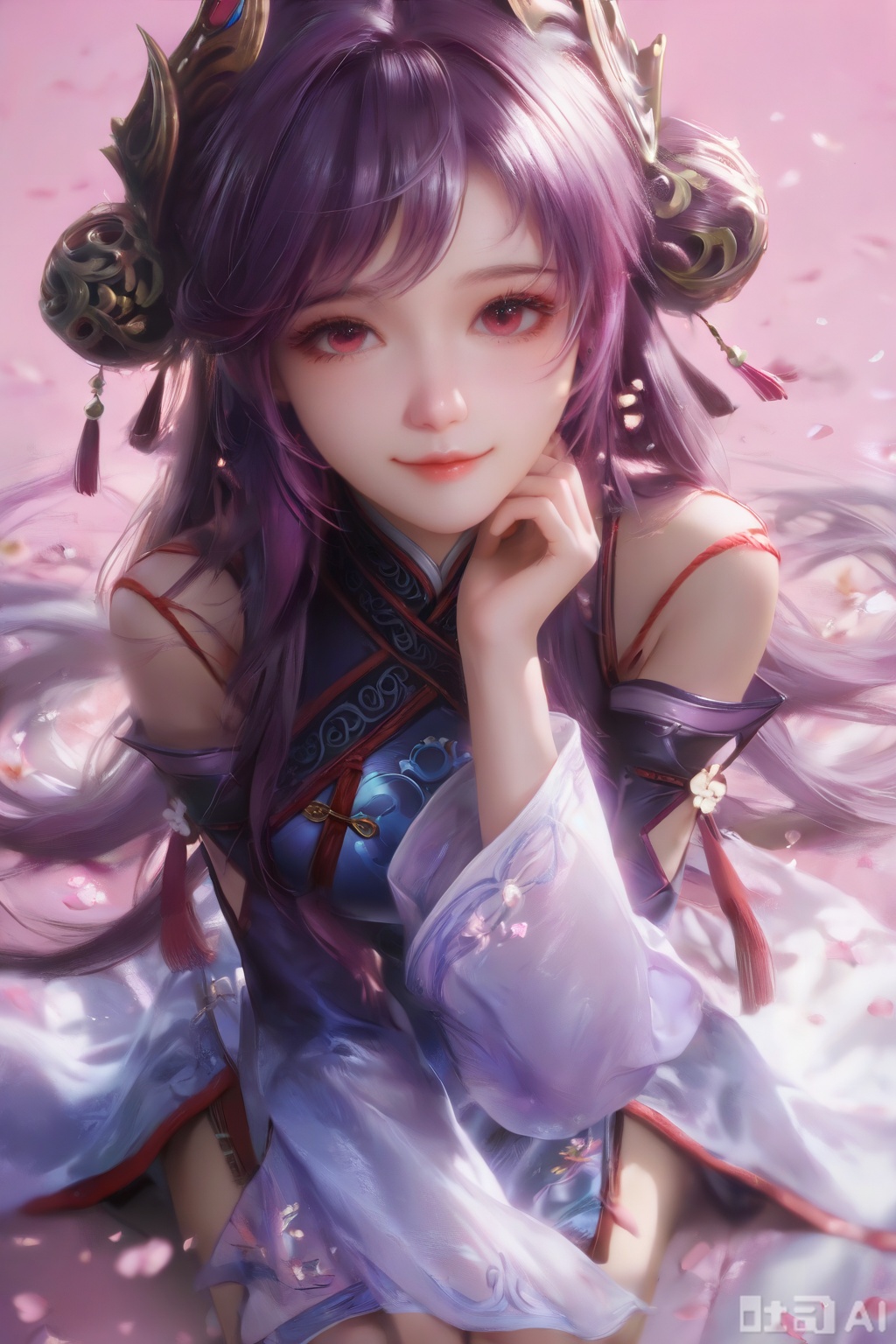 score_9,score_8_up,score_7_up,1girl,solo,looking at viewer,long hair,purple hair,hair ornament,dress,detached sleeves,lips,Cherry Blossoms,petals,pink background,pink theme,(facing viewer:1.3),(happiness:1.2),happiness,happiness,chinese clothes,kneeling on liquid,hand up,pov