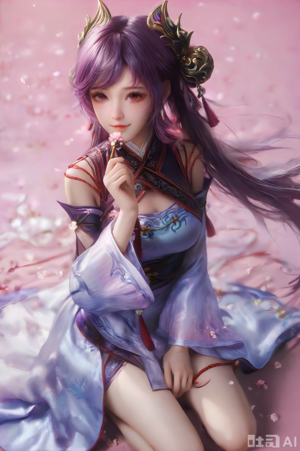 score_9,score_8_up,score_7_up,1girl,solo,looking at viewer,long hair,purple hair,hair ornament,dress,detached sleeves,lips,Cherry Blossoms,petals,pink background,pink theme,(facing viewer:1.3),(happiness:1.2),happiness,happiness,chinese clothes,kneeling,hand up,pov,Part of the leg is exposed,