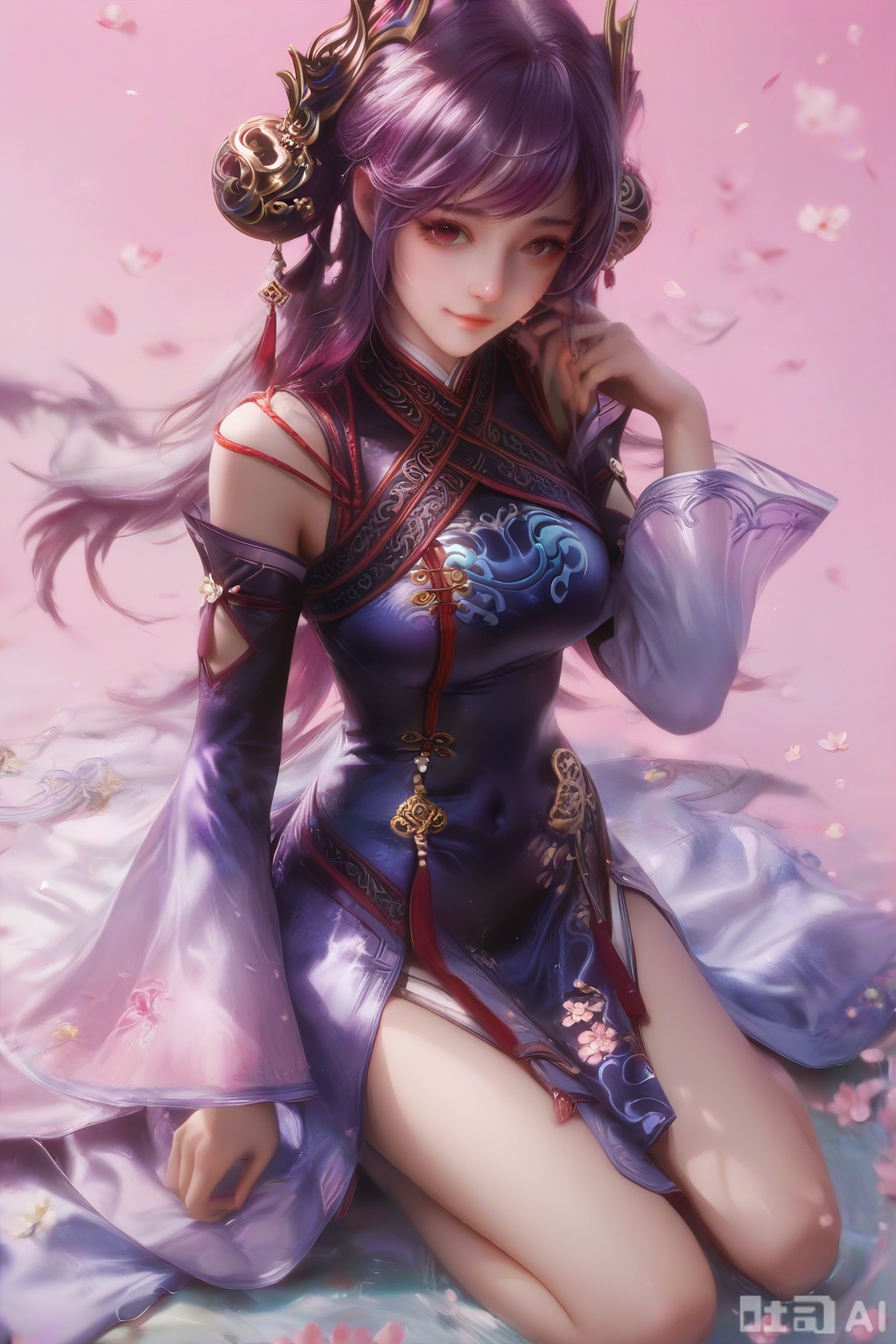 score_9,score_8_up,score_7_up,1girl,solo,looking at viewer,long hair,purple hair,hair ornament,dress,detached sleeves,lips,Cherry Blossoms,petals,pink background,pink theme,(facing viewer:1.3),faceoff,(happiness:1.2),happiness,happiness,chinese clothes,kneeling on liquid,hand up,pov
