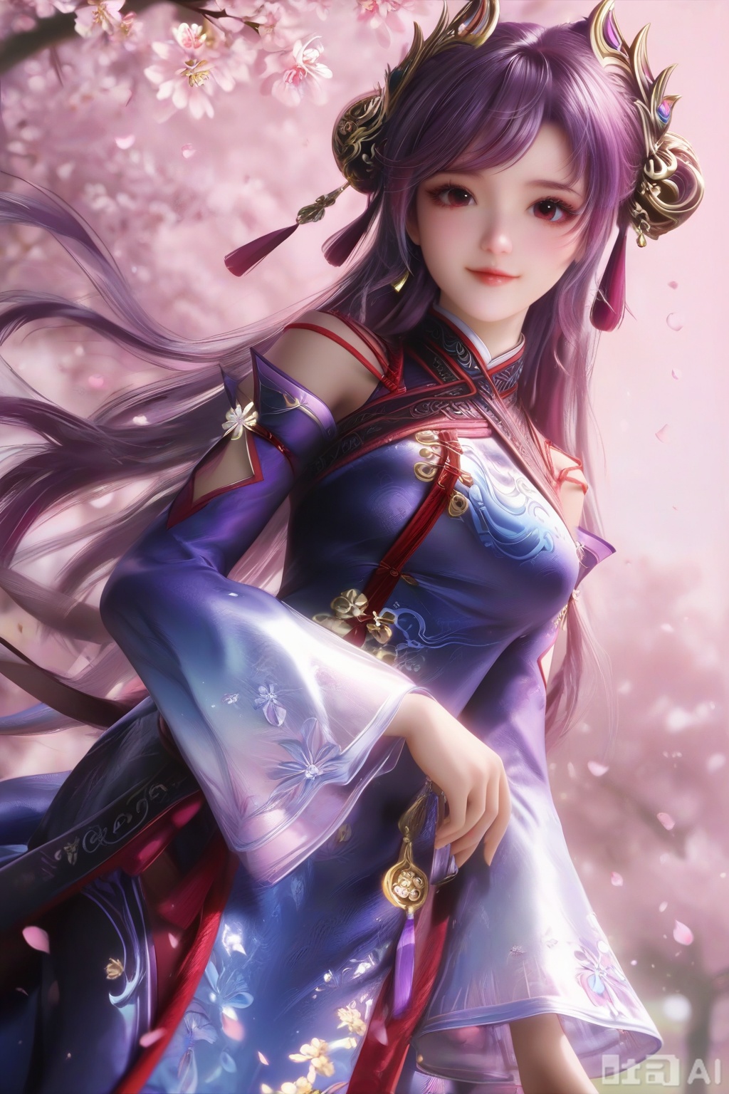 masterpiece, best quality, masterpiece,best quality,official art,extremely detailed CG unity 8k wallpaper, ,1girl,solo,looking at viewer,long hair,purple hair,hair ornament,dress,detached sleeves,lips,Cherry Blossoms,petals,pink background,pink theme,(facing viewer:1.3),(happiness:1.2),happiness,happiness,chinese clothes,pov,