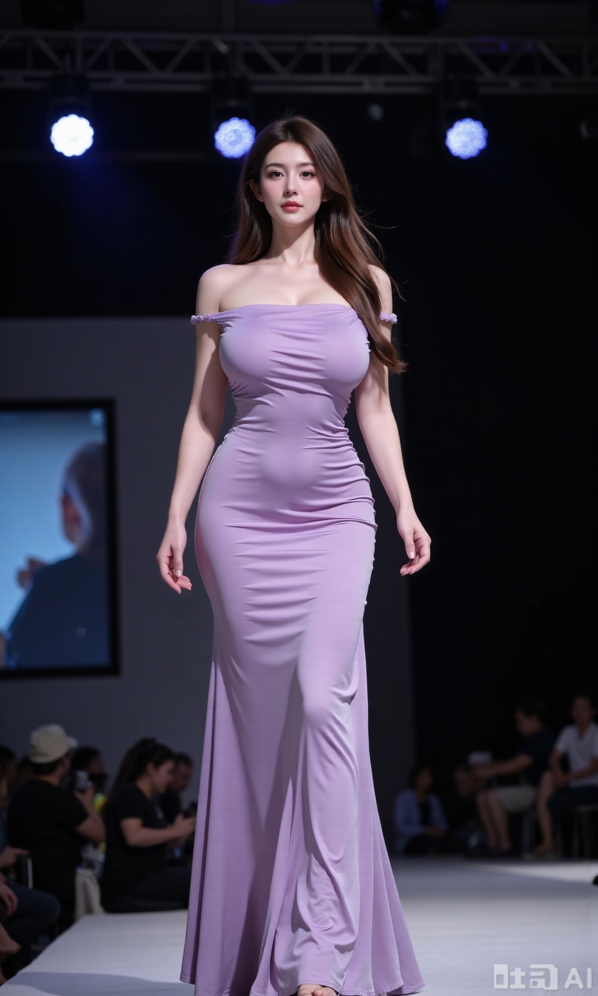 (masterpiece,best quality:1.23),pure and desirable style, beautiful woman, long legs, light purple off-shoulder pleated backless long dress, full body shot, walking down a runway, fashion show atmosphere, bright spotlights, professional studio lighting,, (huge breasts, full breasts:2.99),,,XyunxiaoYH3,Xfenlanzhanguopao,XbaifengsongyuYH,Xbigbreasts,XLiquidGlass,XnanxiaochengYH,Xmiaozufushi,Xkejinnudi,Xbiji,Xjkgeziqun,Xlaceshuiqun,Xbingdi,Xloubeidress