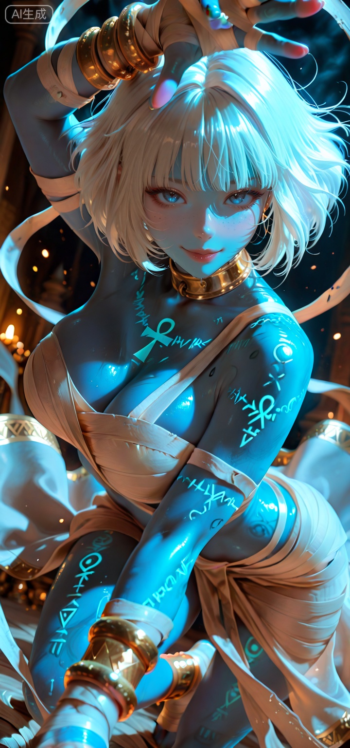 masterpiece, best quality, amazing quality, 1girl,rainbow around hands, dark background, fantasy robes, dramatic lighting, semi-realistic style, powerful stance,clear focus,hyper detailed, (dynamic pose:1.4),MUMMYGIRL, 1GIRL, SOLO, BLUE SKIN.,COLORED SKIN. LARGE BREASTS, BLUE EYES,TATTOO, MUMMY,BANDAGE, NECK RING,JEWELRY, BRACELET, ANKLET,SHORT HAIR,WHITE HAIR, BOB CUT, BANGS.